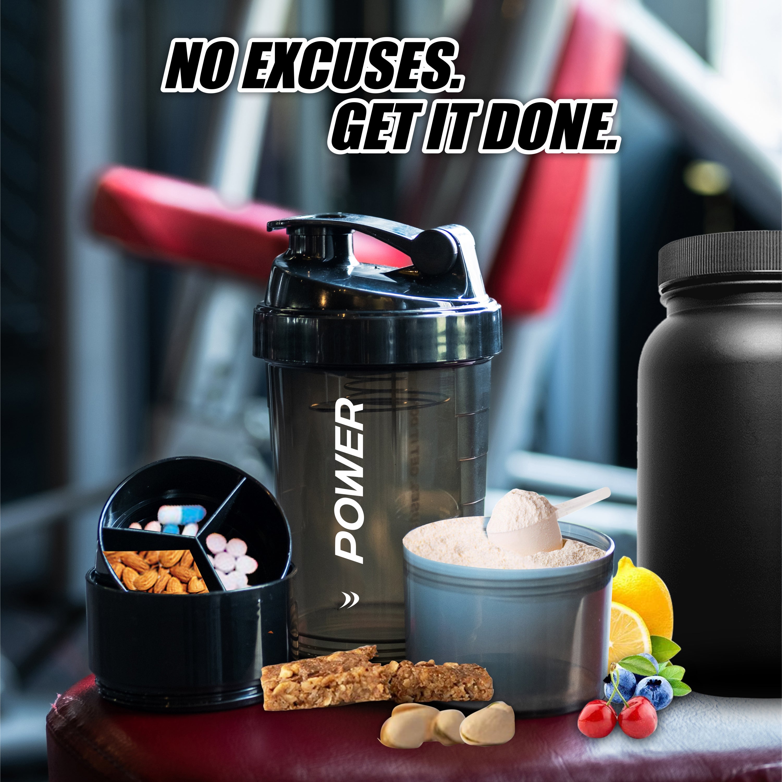 Acuna "Power" Compartment Shaker Bottle in Black, featuring a 3-layer storage system for protein powder and supplements.