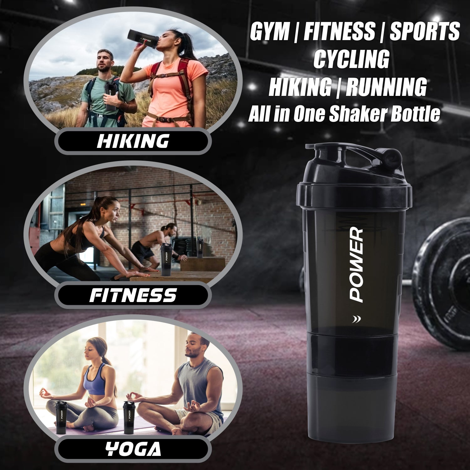 Durable shaker bottle with multiple compartments, perfect for gym-goers, yoga practitioners, and fitness enthusiasts.