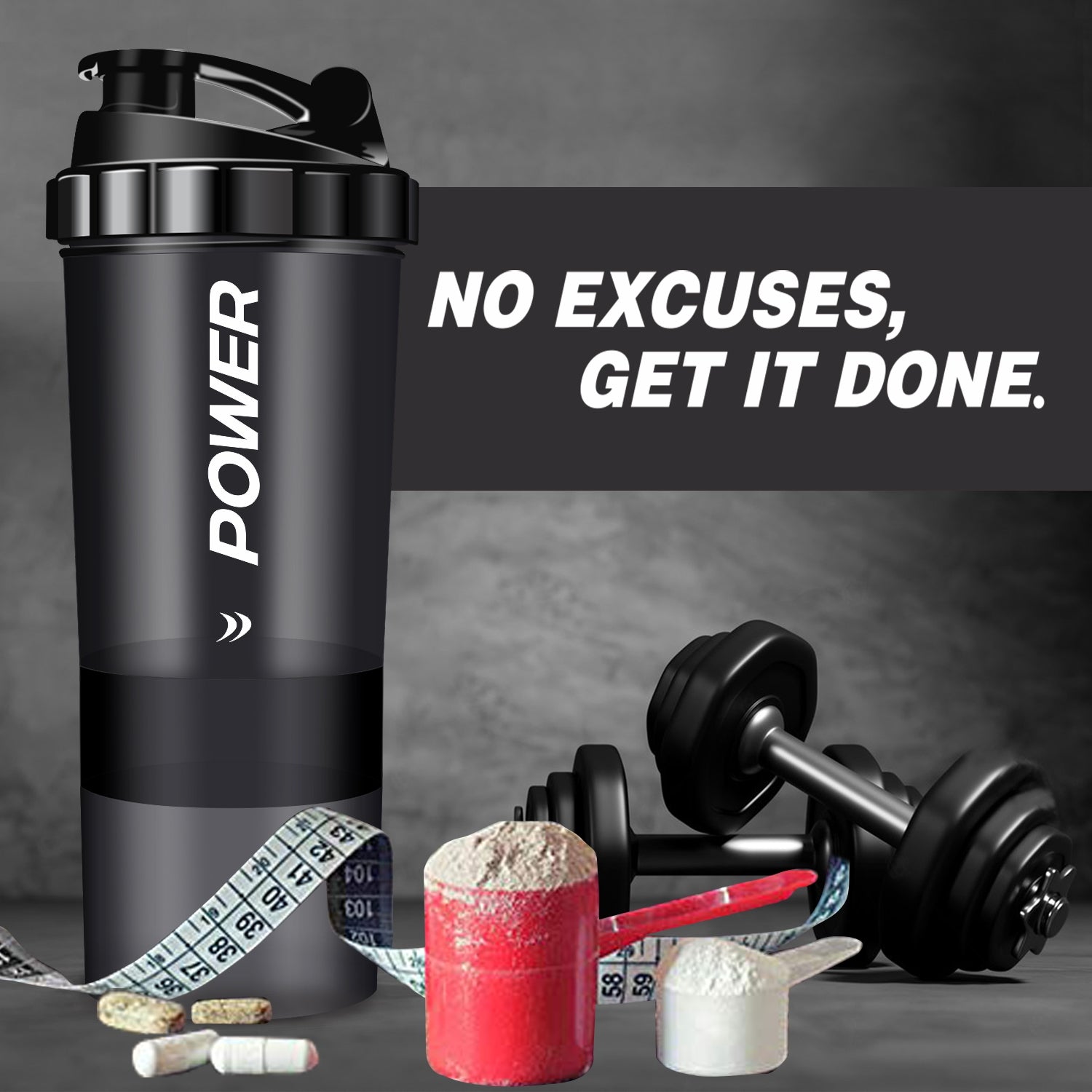 Black POWER shaker bottle with dumbbells, protein powder, capsules, and a tape measure, featuring "No Excuses, Get It Done.