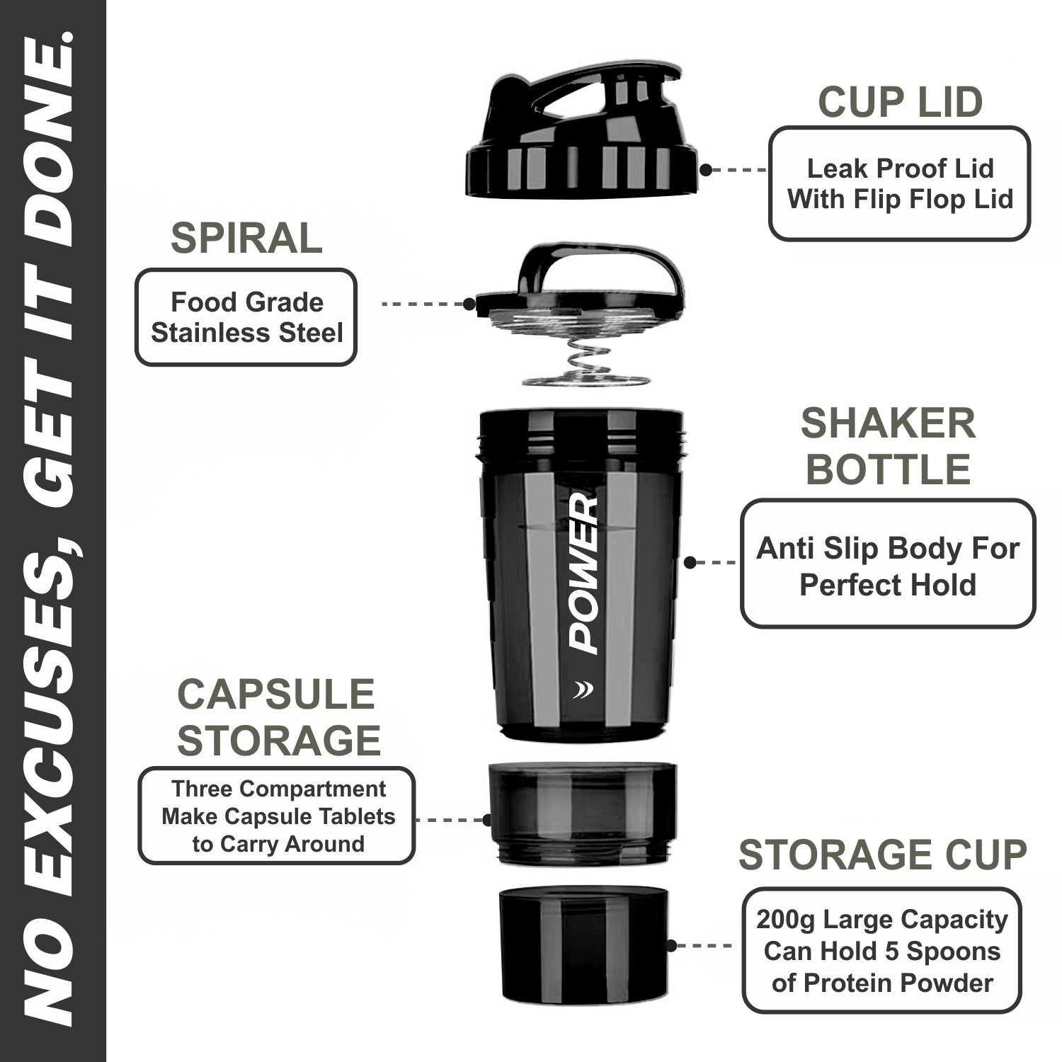 Multi-compartment protein shaker bottle with leak-proof lid, stainless steel spiral, capsule storage, and powder cup.