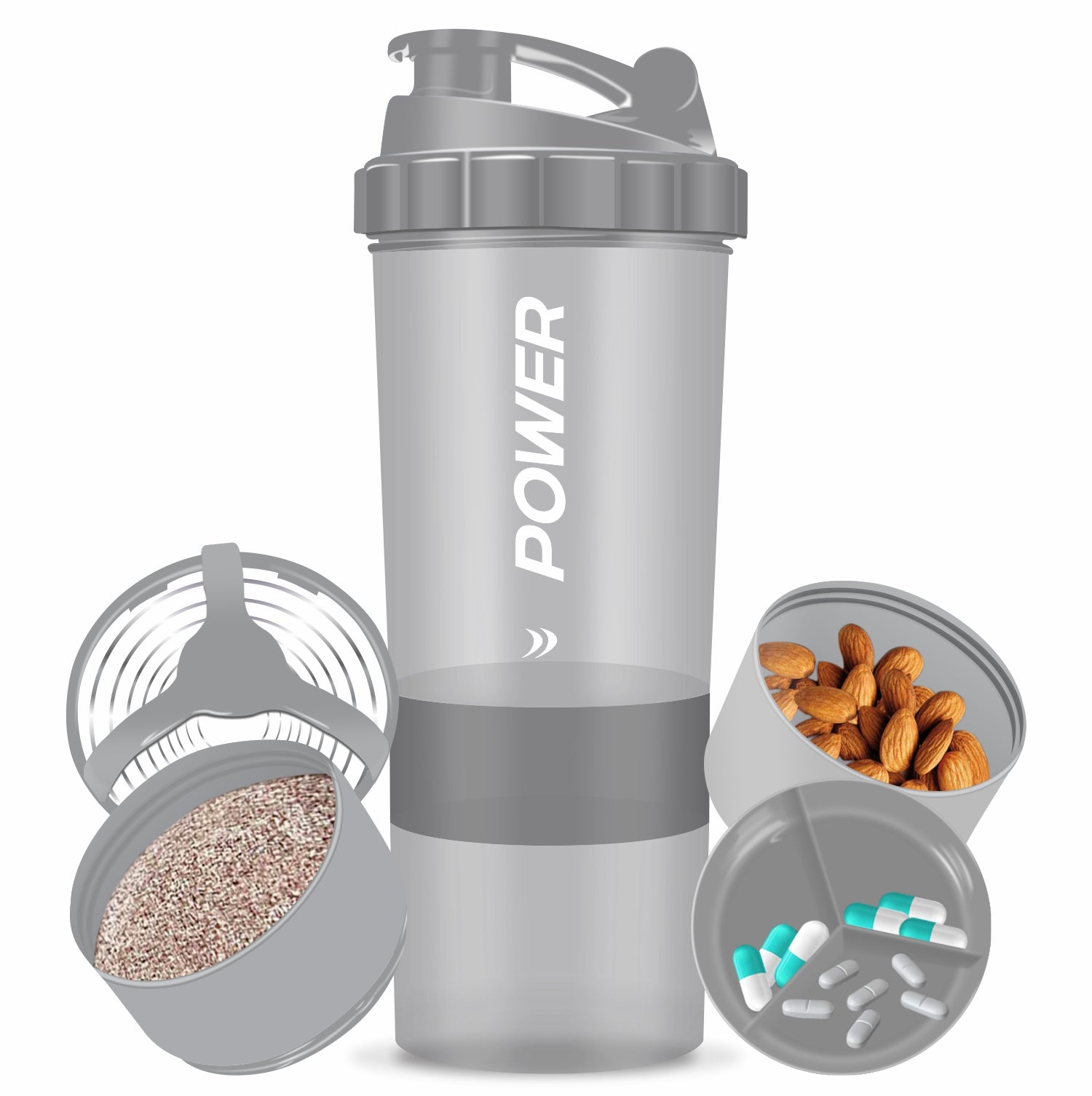 Image of a power blender alongside a shaker bottle, pills, and fitness items, showcasing a fitness-oriented setup for supplements.