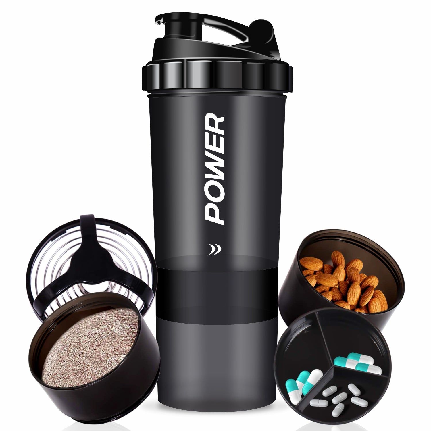 Acuna power blender shaker bottle with various supplements, showcasing multiple compartments for efficient organization.