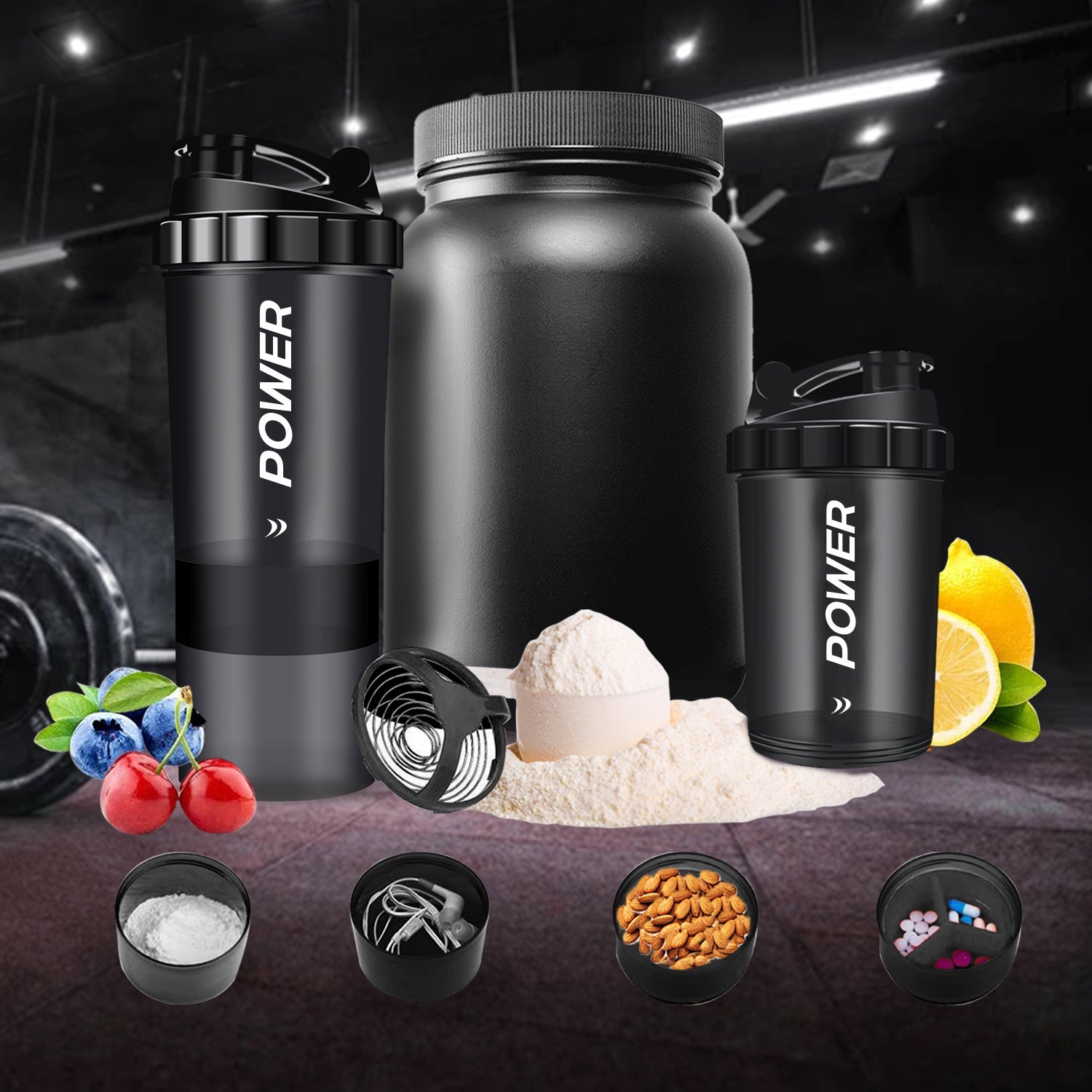 Acuna Black protein shaker bottles with storage compartments for powders, and supplements, and, perfect for gym and workouts.