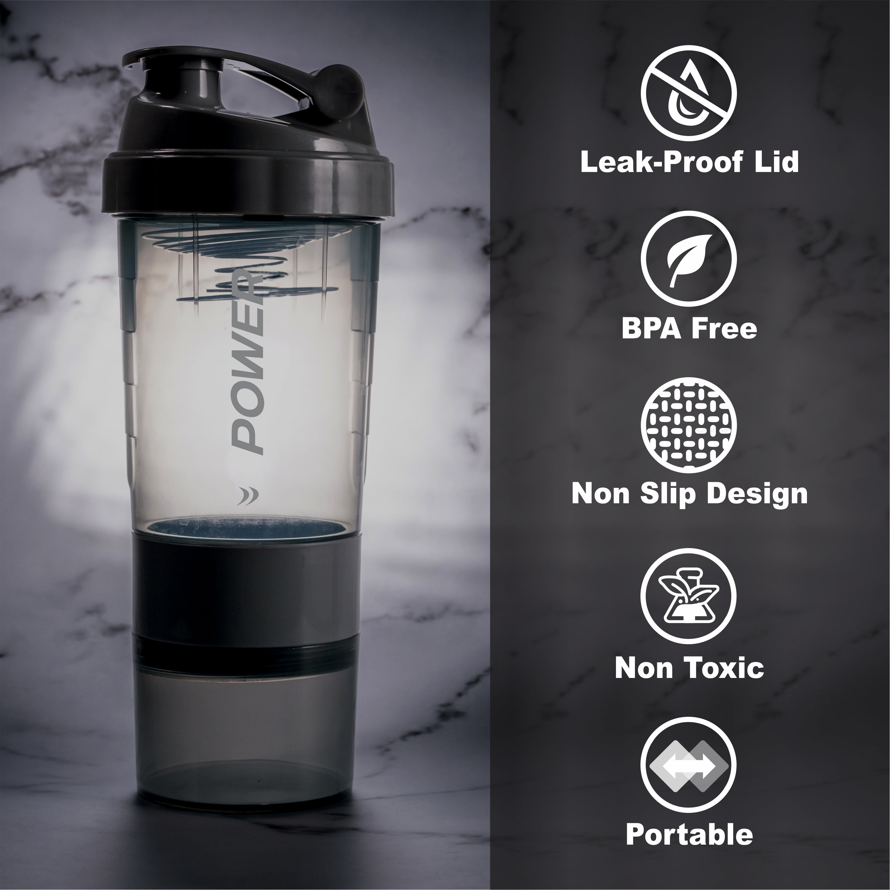 Black Acuna "Power" Compartment Shaker Bottle with 3-layer storage, designed for fitness enthusiasts and on-the-go convenience.