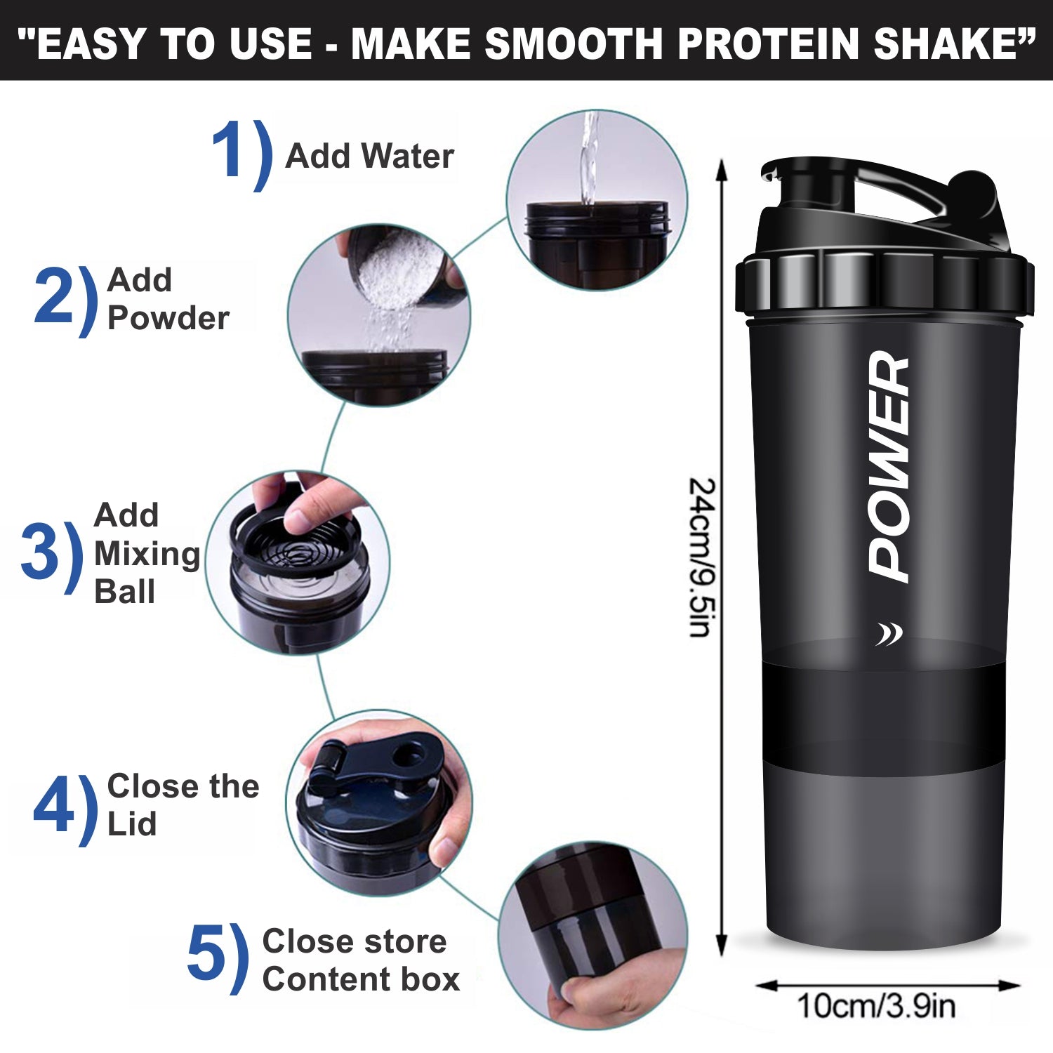 Step-by-step guide for using a protein shaker bottle with water, powder, mixing ball, lid closure, and storage box.