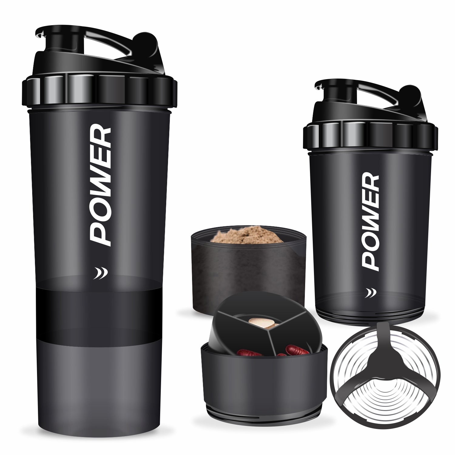 Power blender with two shaker cups, featuring a sleek design and a 3-layer storage system for supplements and hydration.