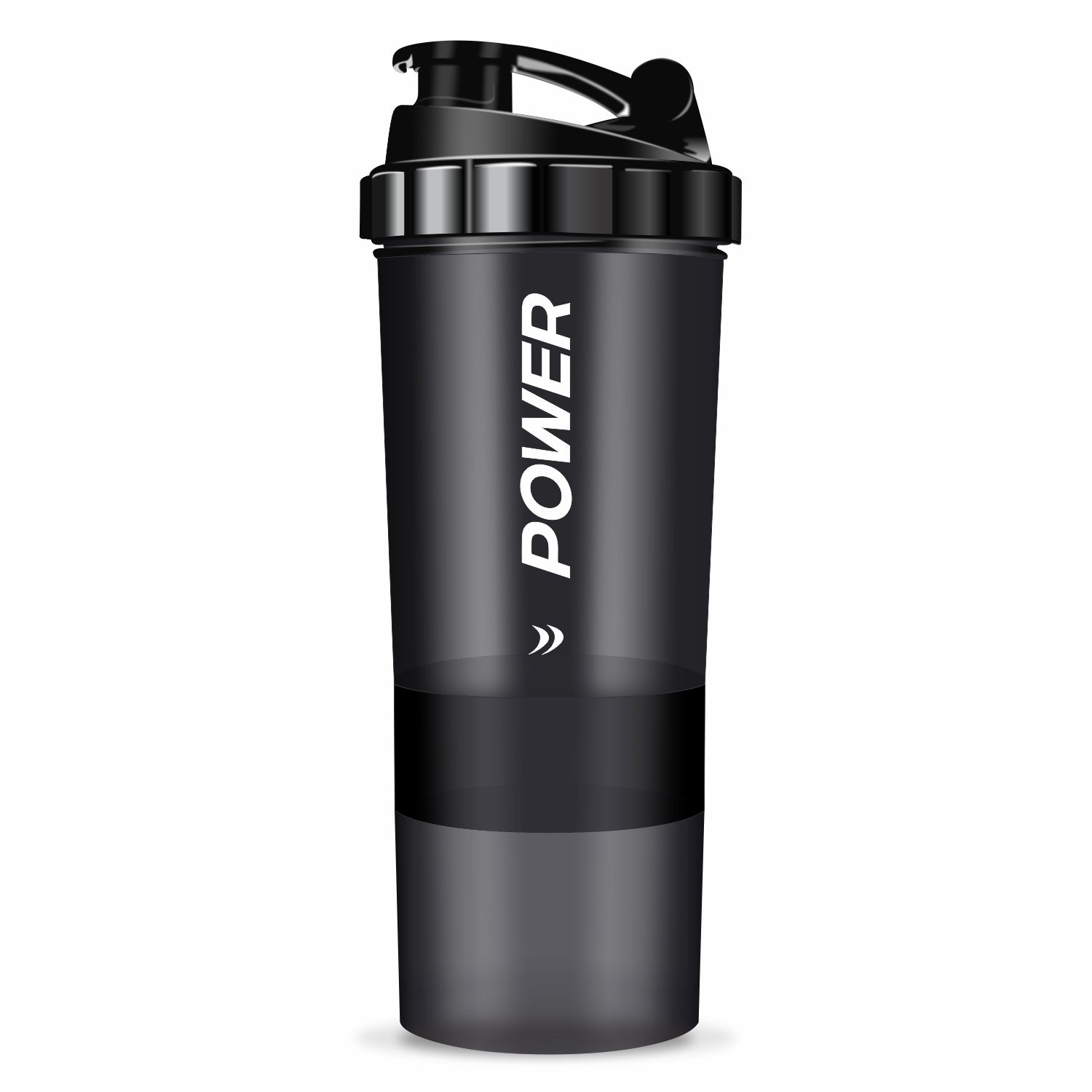 Protein shaker bottle with "POWER" branding, featuring a secure flip-top lid and storage compartment design.