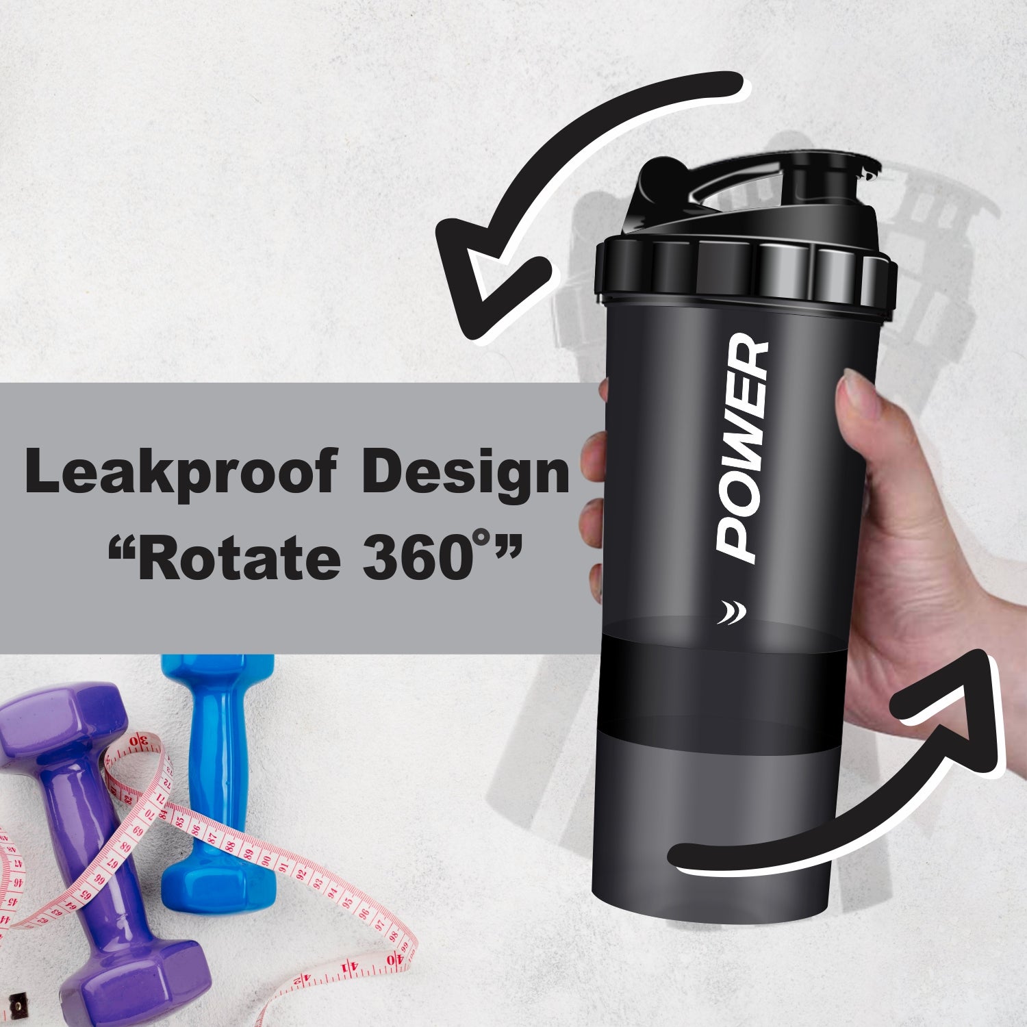 Acuna "Power" shaker bottle with leakproof design, 360° functionality, and 3-layer storage for supplements and hydration.