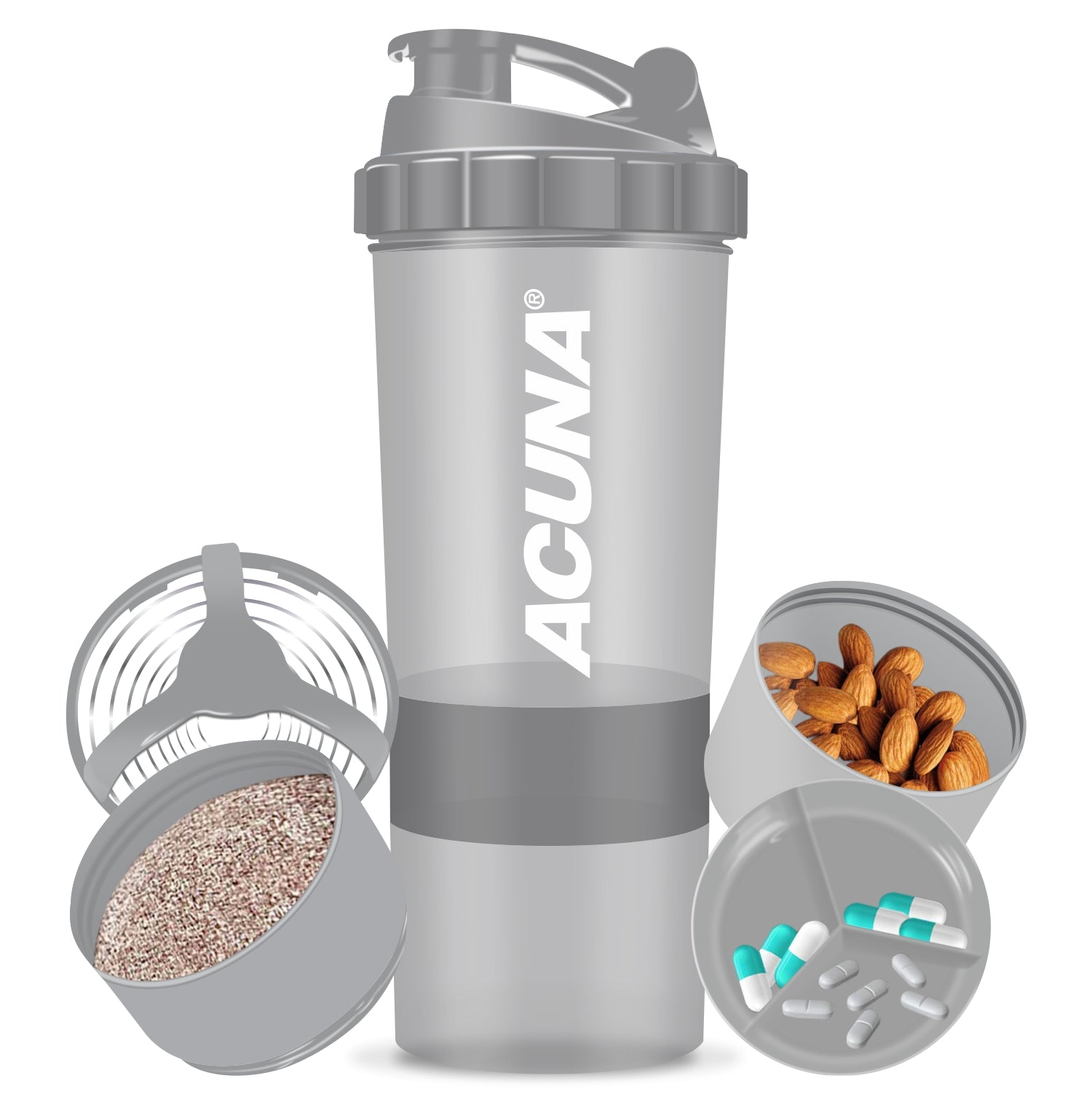 Grey Acuna shaker bottle with three-layer storage for protein and supplements, designed for convenience during workouts.