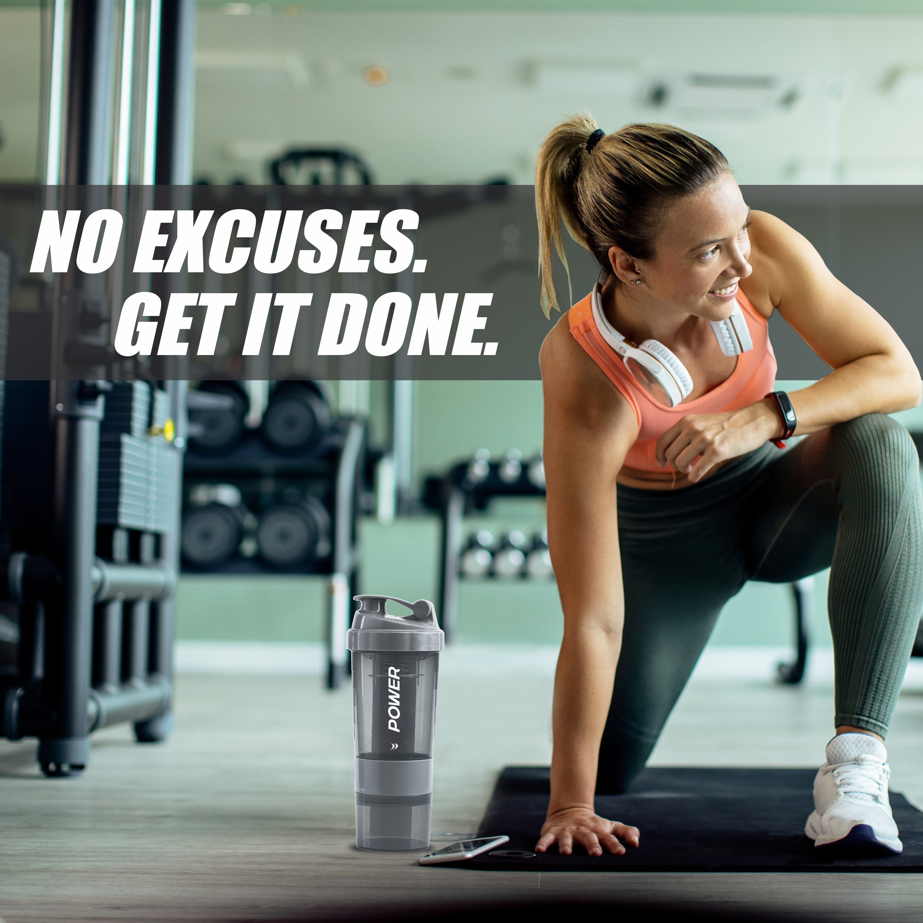A woman workouts in a gym, surrounded by motivational text: "No excuses, get it done," emphasizing determination and strength.