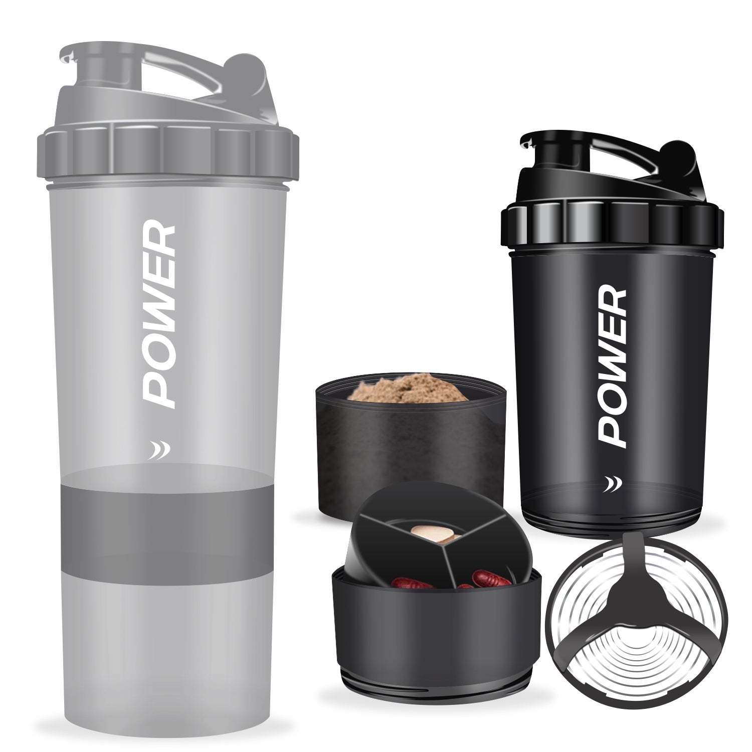 A power shaker bottle with two shaker cups features a sleek design and a 3-layer storage system for supplements and hydration.