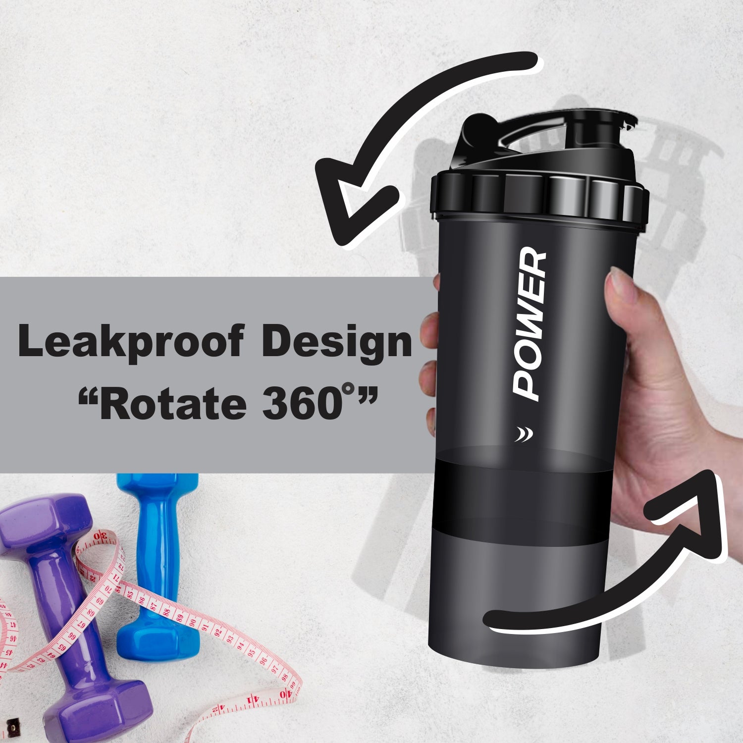 Acuna "Power" shaker bottle with a leakproof design, 360° rotation, and 3-layer storage for supplements, in Black and Grey colors.