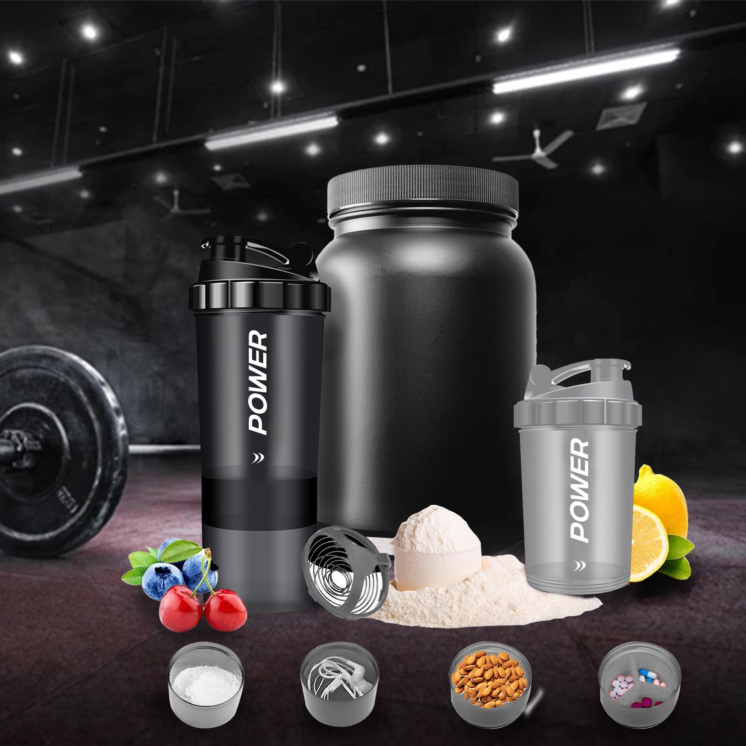 A power blender surrounded by ingredients and an Acuna "Power" shaker bottle, showcasing fitness and nutrition essentials.