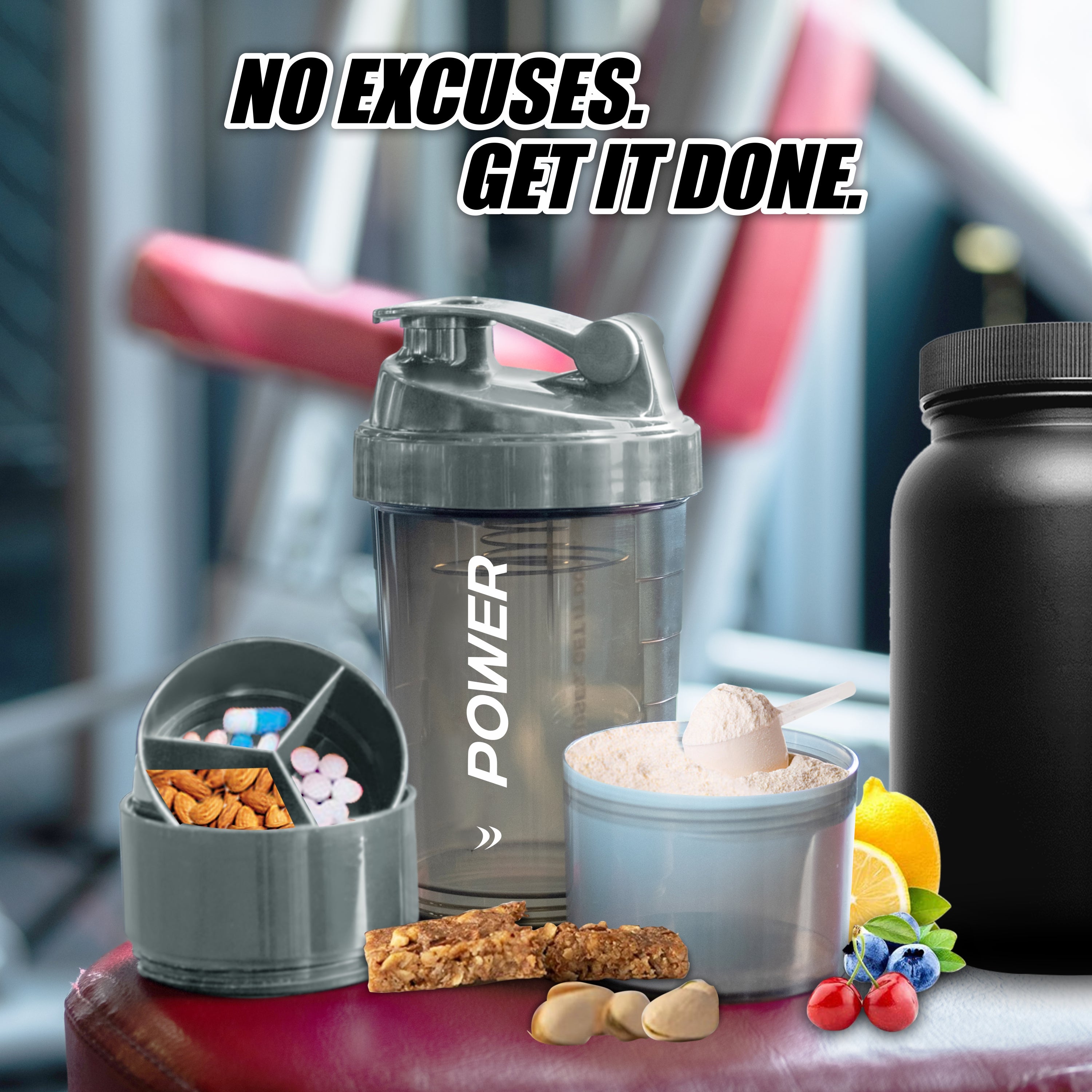 Grey protein shaker bottle with storage compartments for snacks, supplements, and powders, ideal for fitness and workouts.
