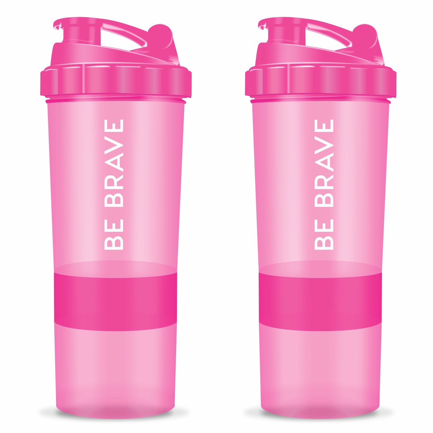 Two pink shaker bottles with "Be Brave" printed, designed for fitness and supplement storage.