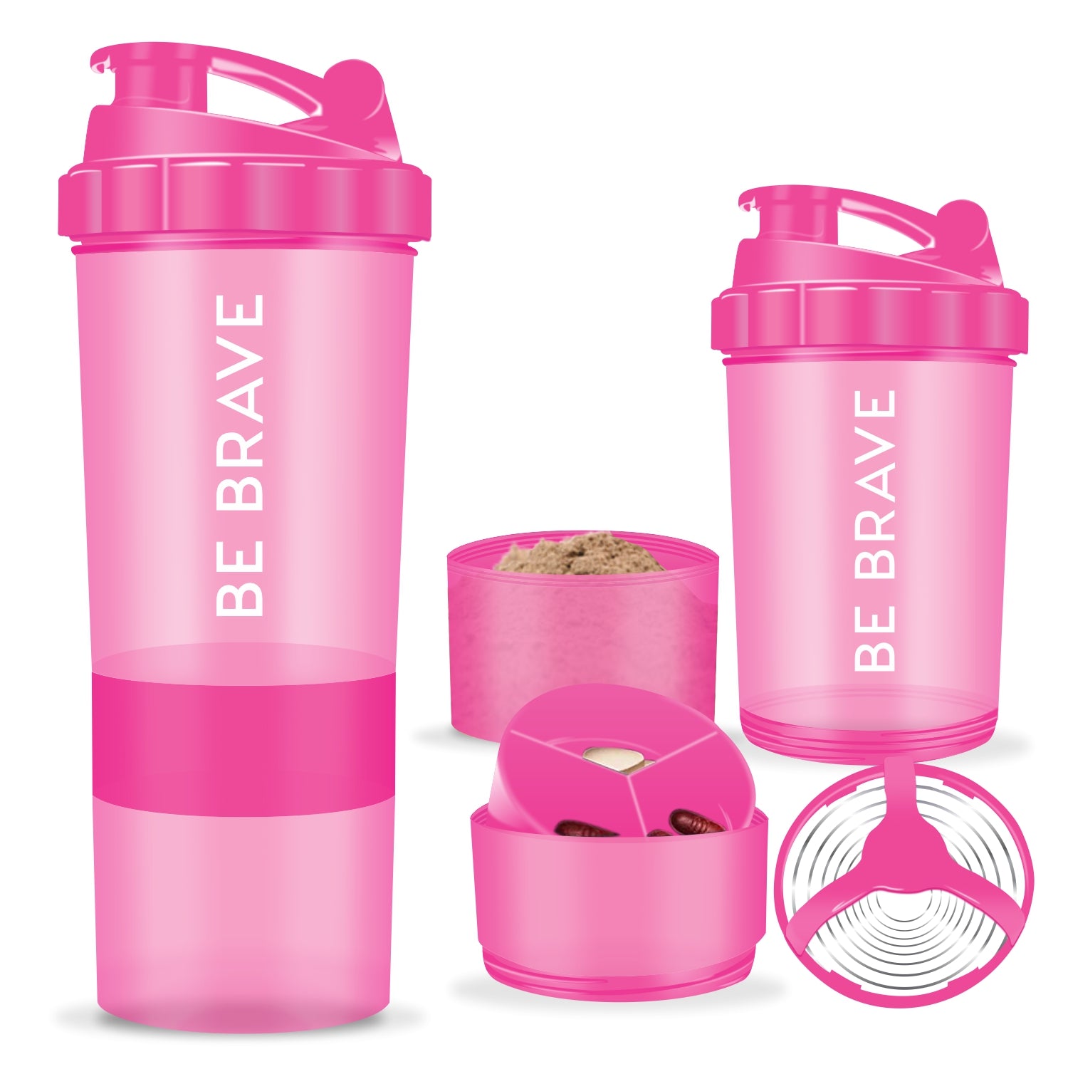 Two pink "Be Brave" shaker bottles with a 3-layer supplement storage system and leak-proof lids.