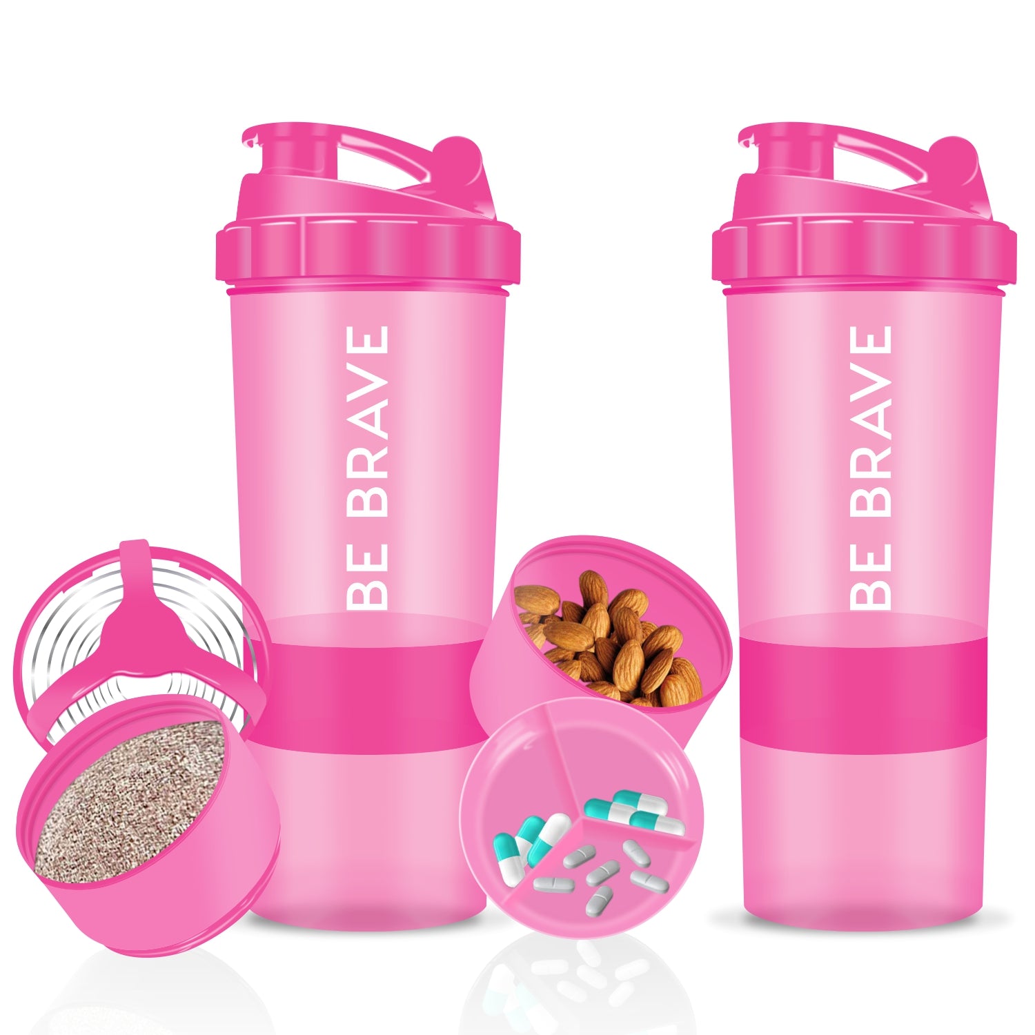 A pair of pink shaker bottles labeled "Be Brave," with a 3-layer storage system.