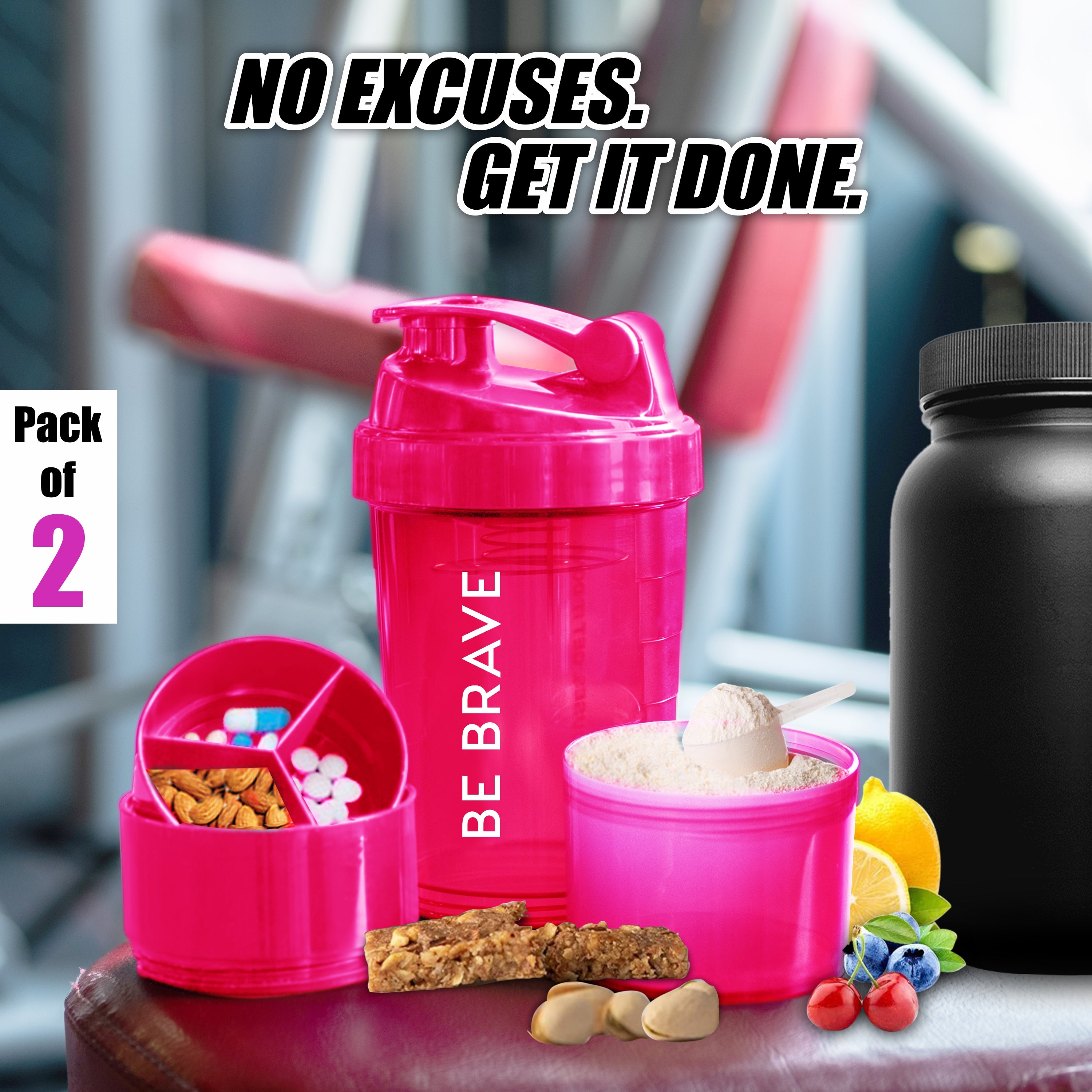 A pink shaker bottle with a protein bar and protein powder, showcasing the "Be Brave" design for fitness motivation.