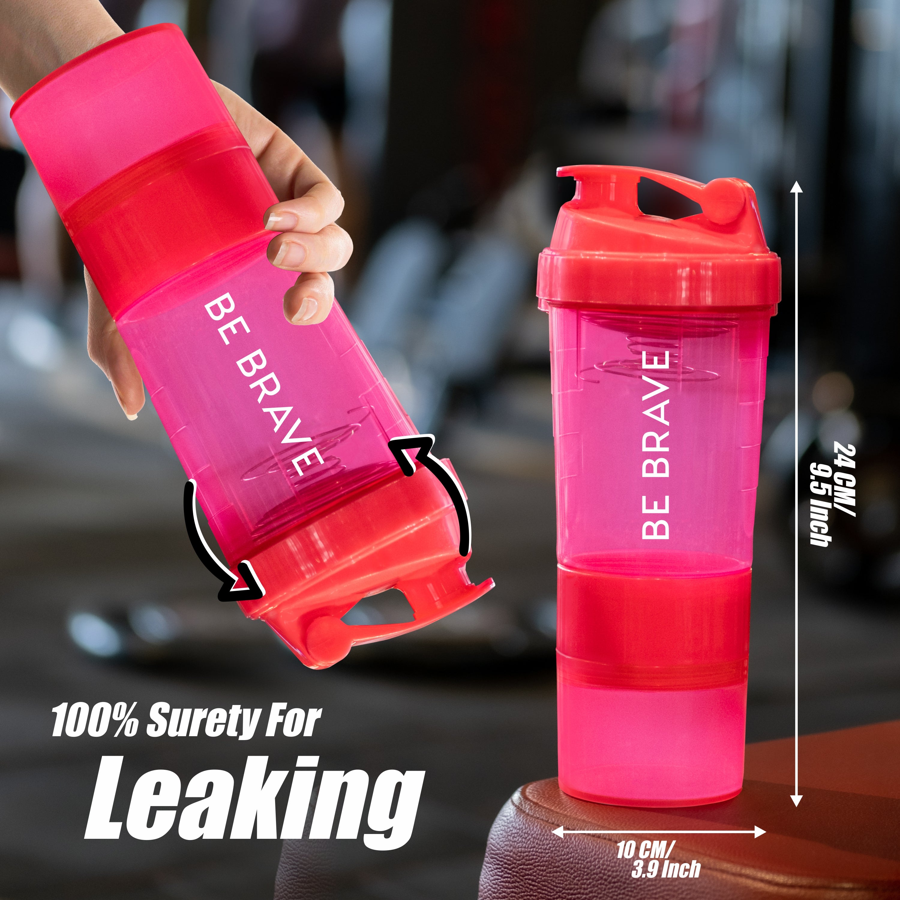 person holds a pink shaker bottle with "Be Brave," highlighting its motivational design.