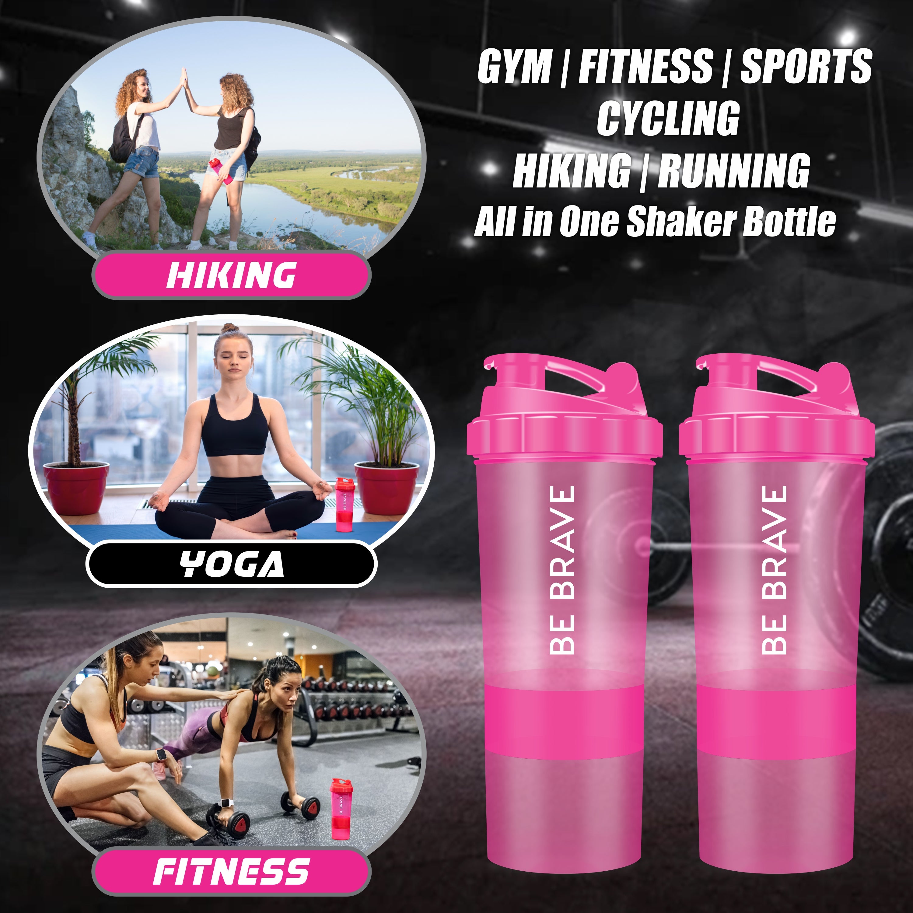 Two pink shaker bottles labeled "gym sports training," featuring a 3-layer storage system for supplements.