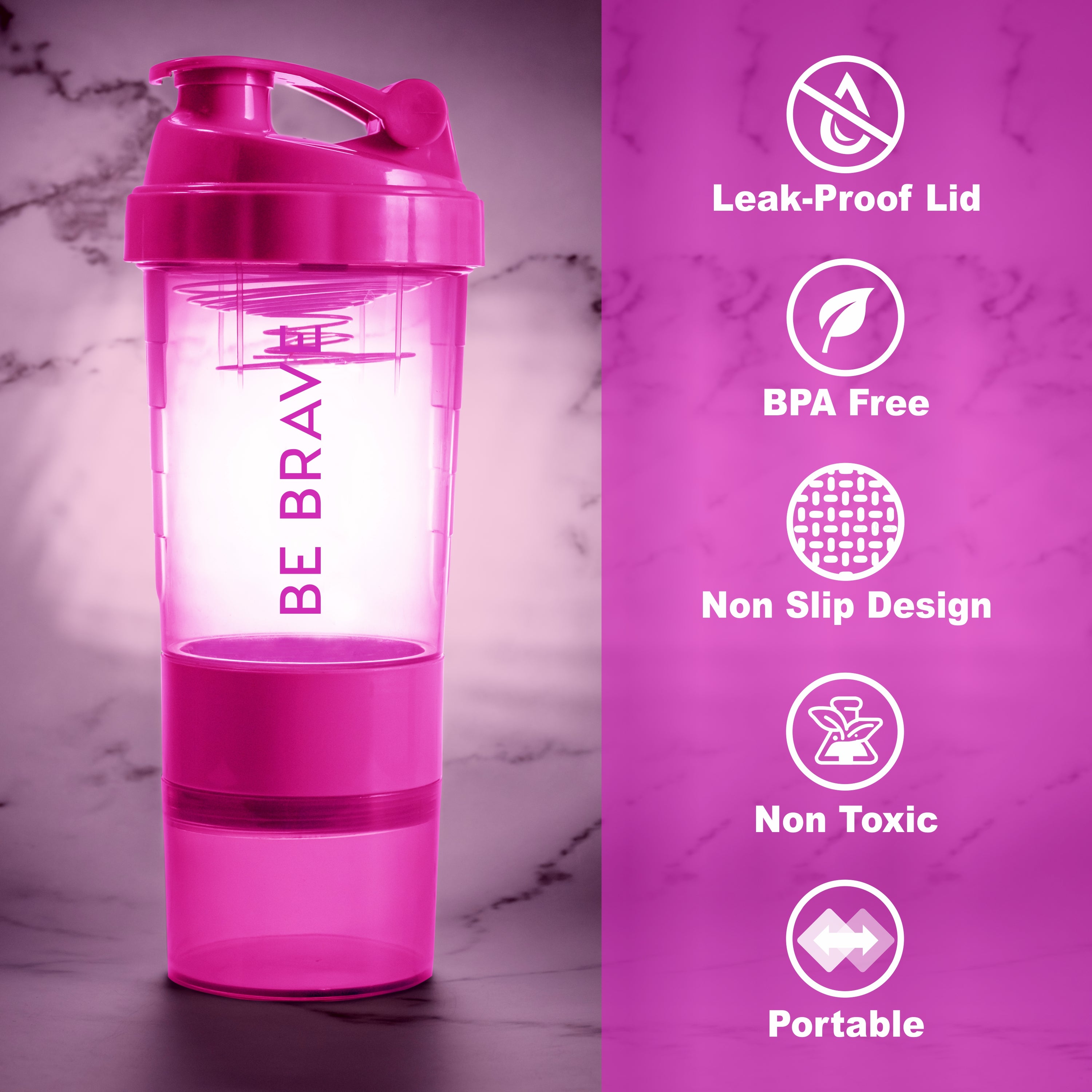 Pink "Be Brave" shaker bottle with leak-proof lid, BPA-free, non-slip design, non-toxic, and portable features