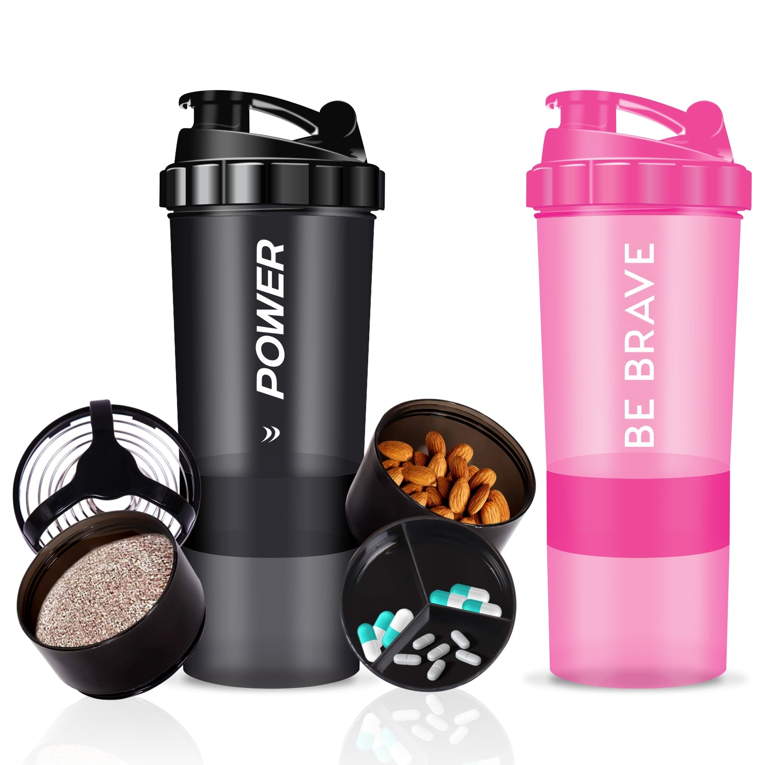 Two Acuna "Power" shaker bottles displaying different pills and nuts, designed for fitness enthusiasts with a sleek, bold appearance.