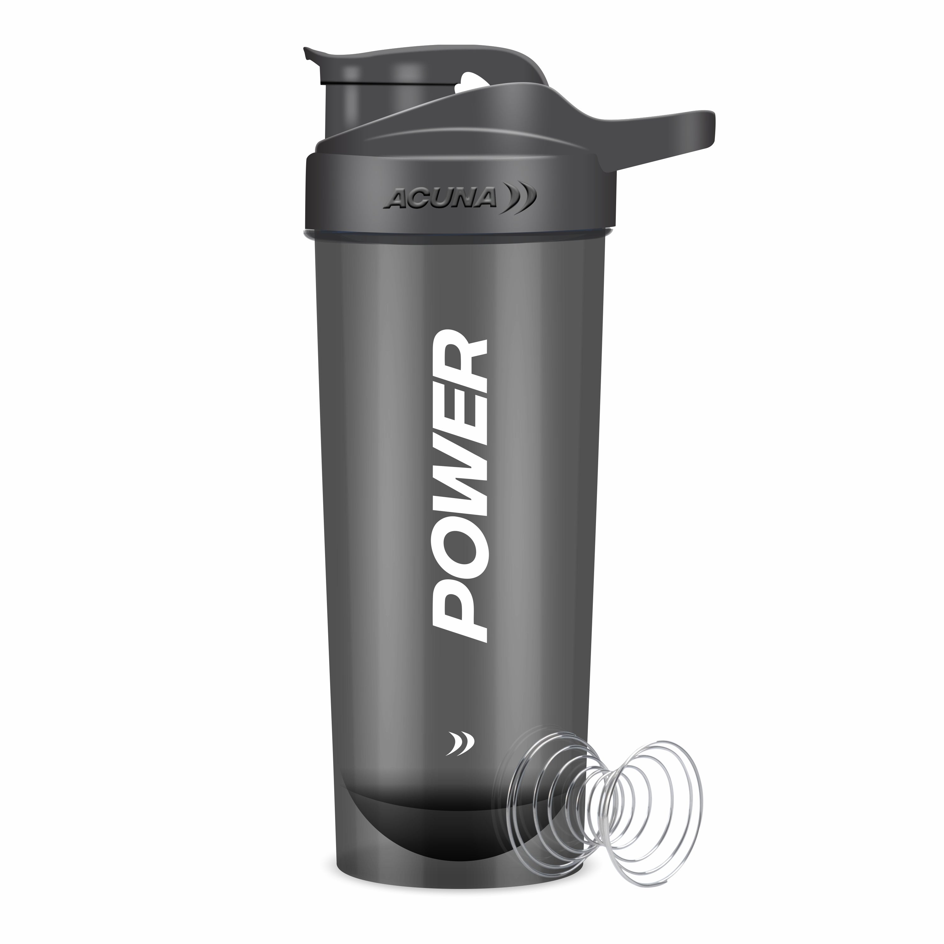 Acuna Fitness Power Protein Shaker Bottle, black with mixing ball, leak-proof lid, and bold 'POWER' text for gym enthusiasts