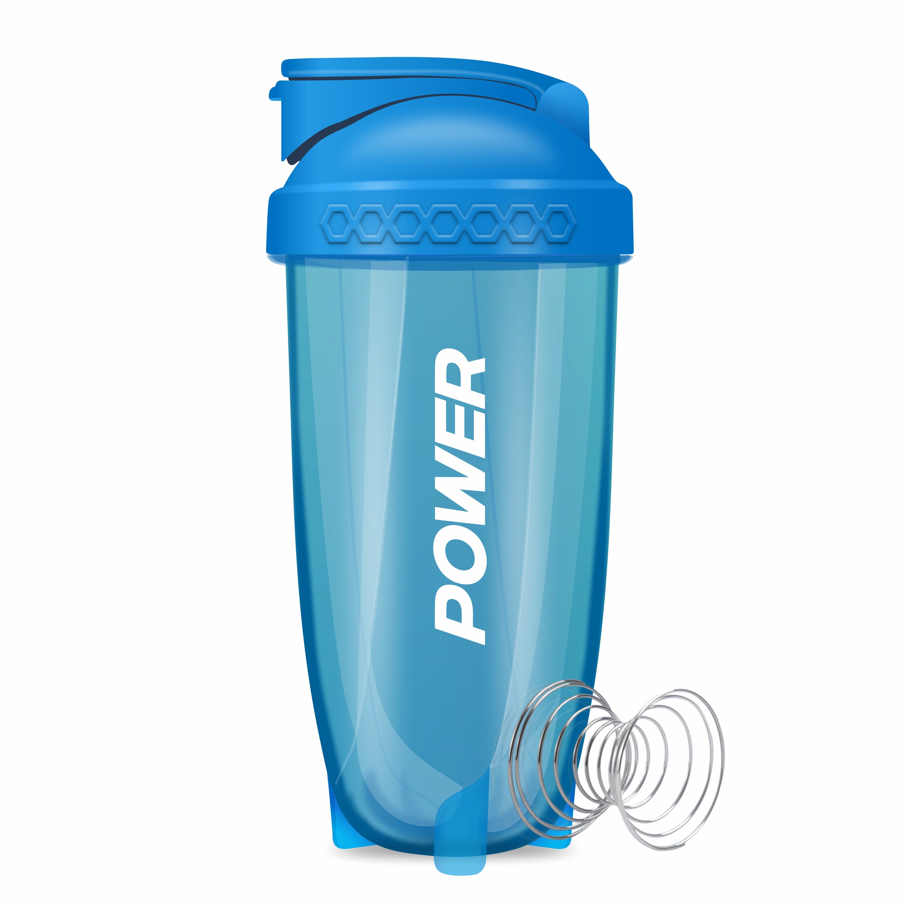 The blue protein shaker bottle with the "POWER" logo features a secure flip cap and metal mixing ball for smooth shakes.