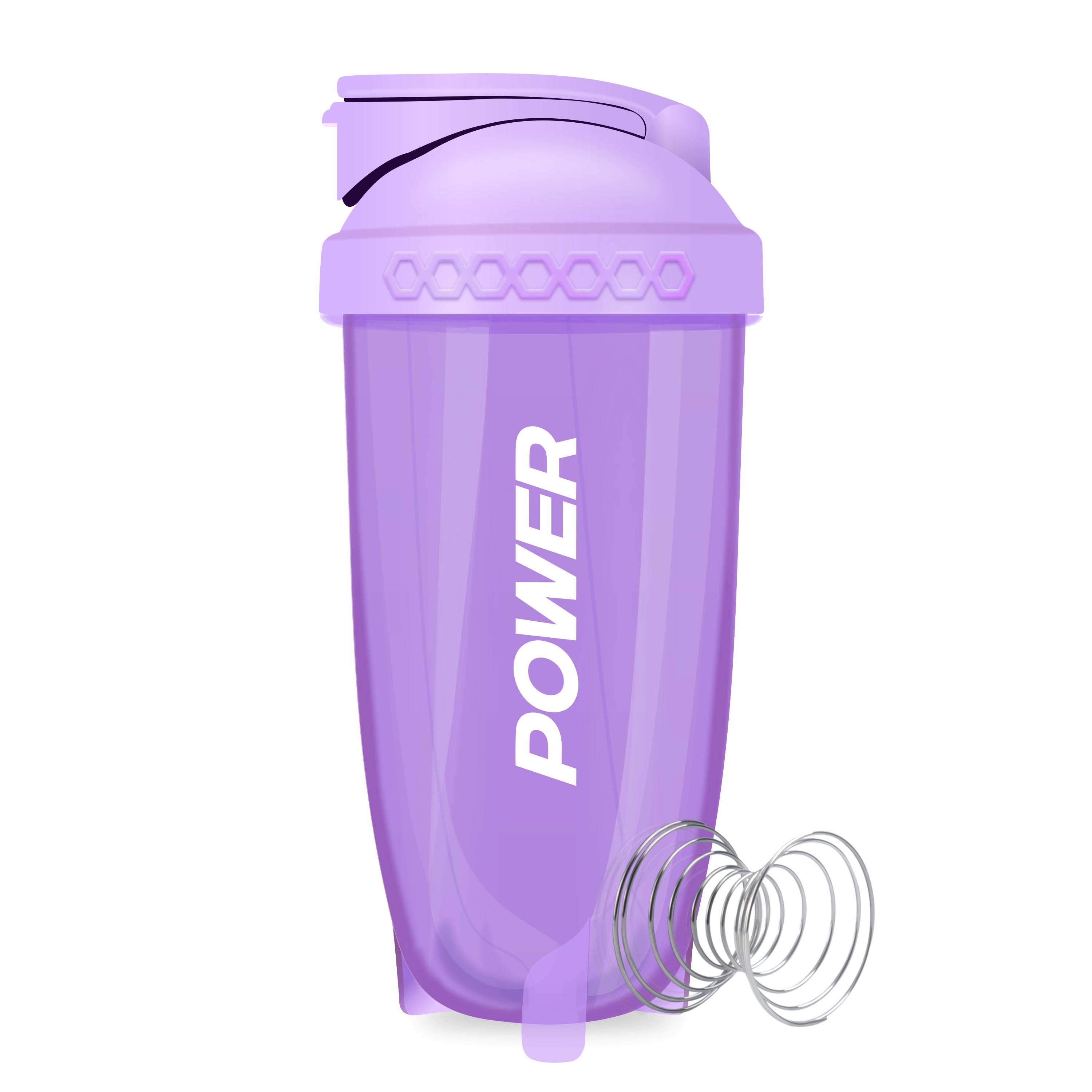The purple protein shaker bottle with the "POWER" logo features a secure flip cap and metal mixing ball for smooth shakes.