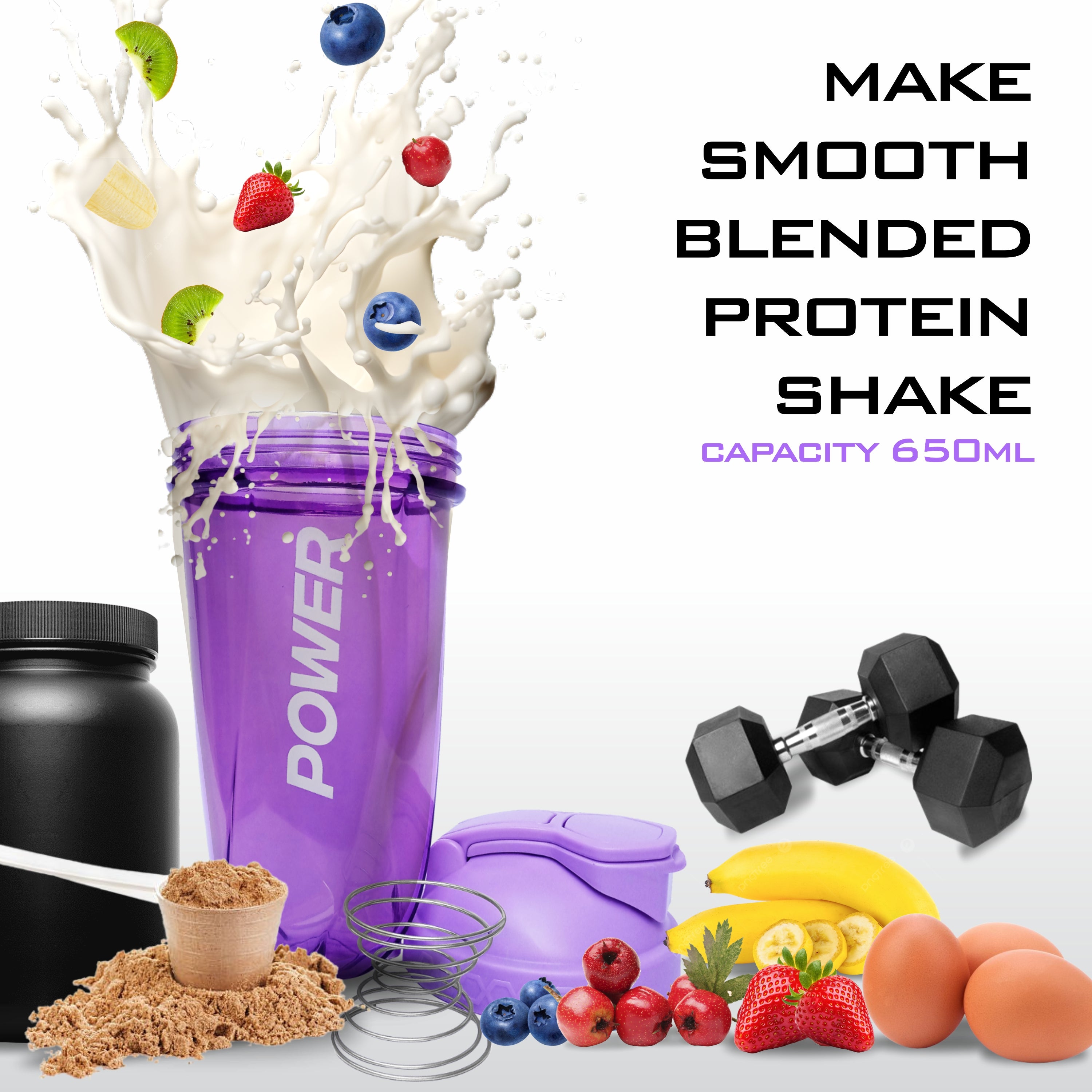 Acuna 650ml purple shaker bottle with protein shake splash, fruits, powder, eggs, and dumbbell for fitness nutrition.