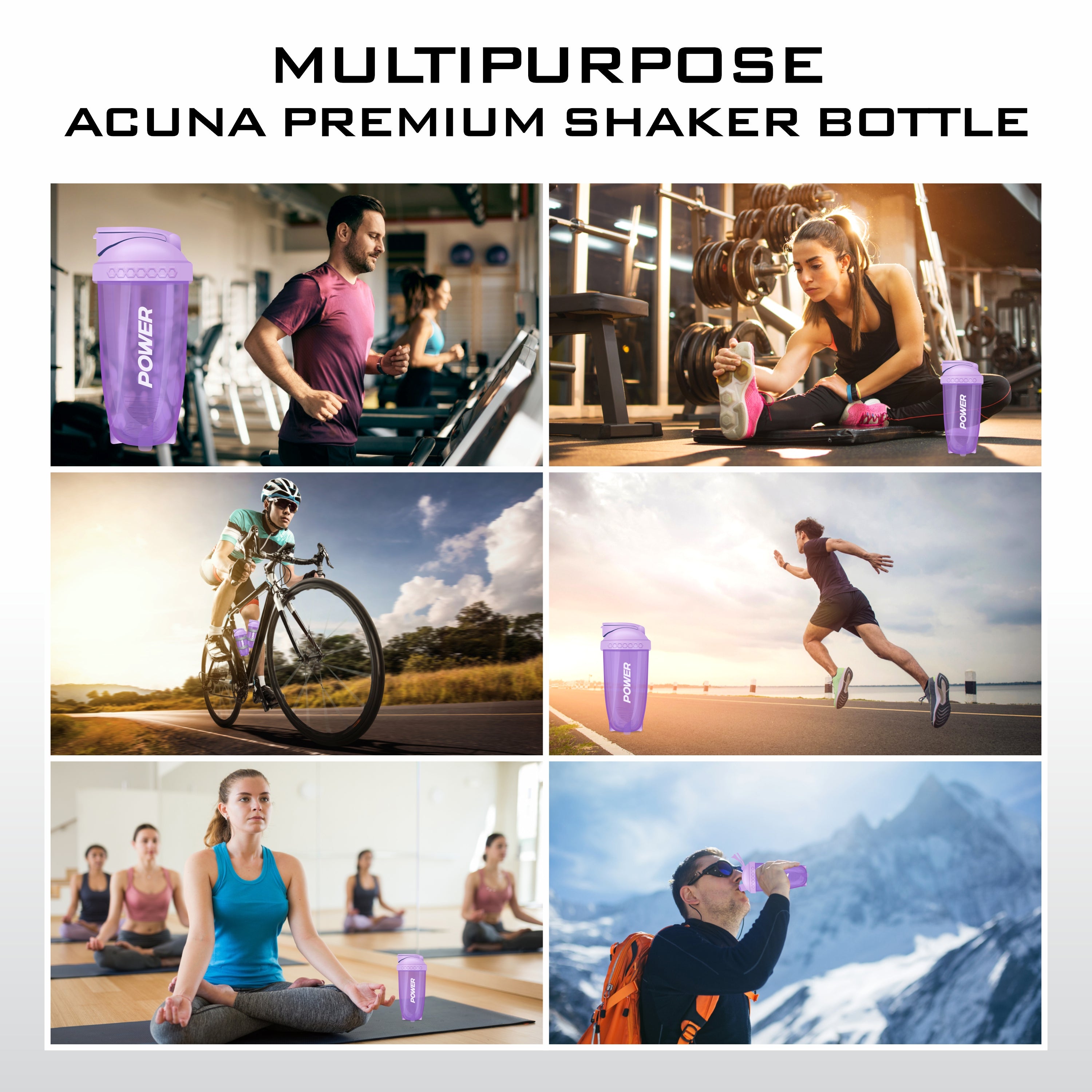 Acuna premium shaker bottle for gym workouts, cycling, running, yoga, and outdoor adventures with multipurpose use.