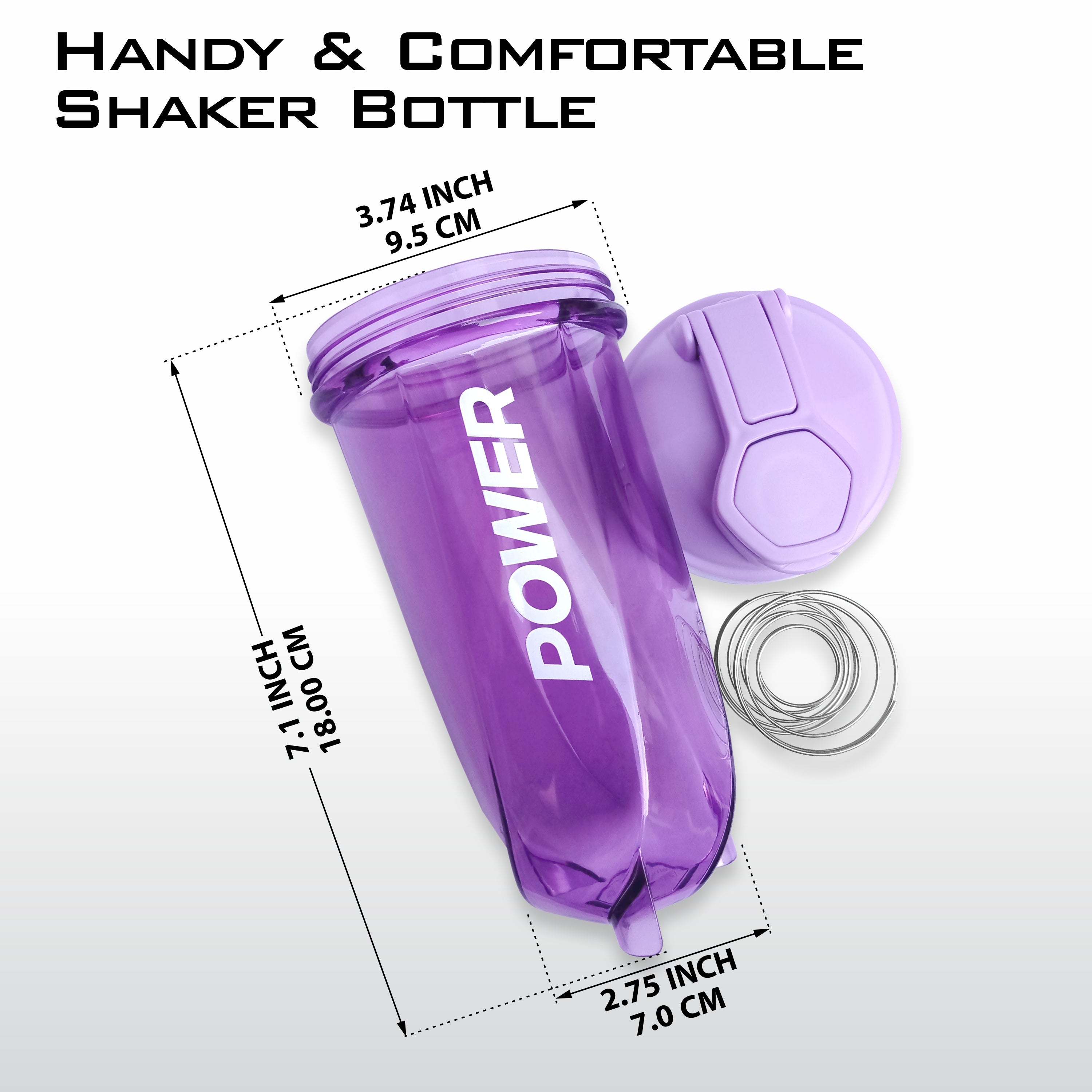 Purple Acuna shaker bottle with dimensions 7.1" x 3.74" x 2.75", featuring a secure lid and metal mixing ball.
