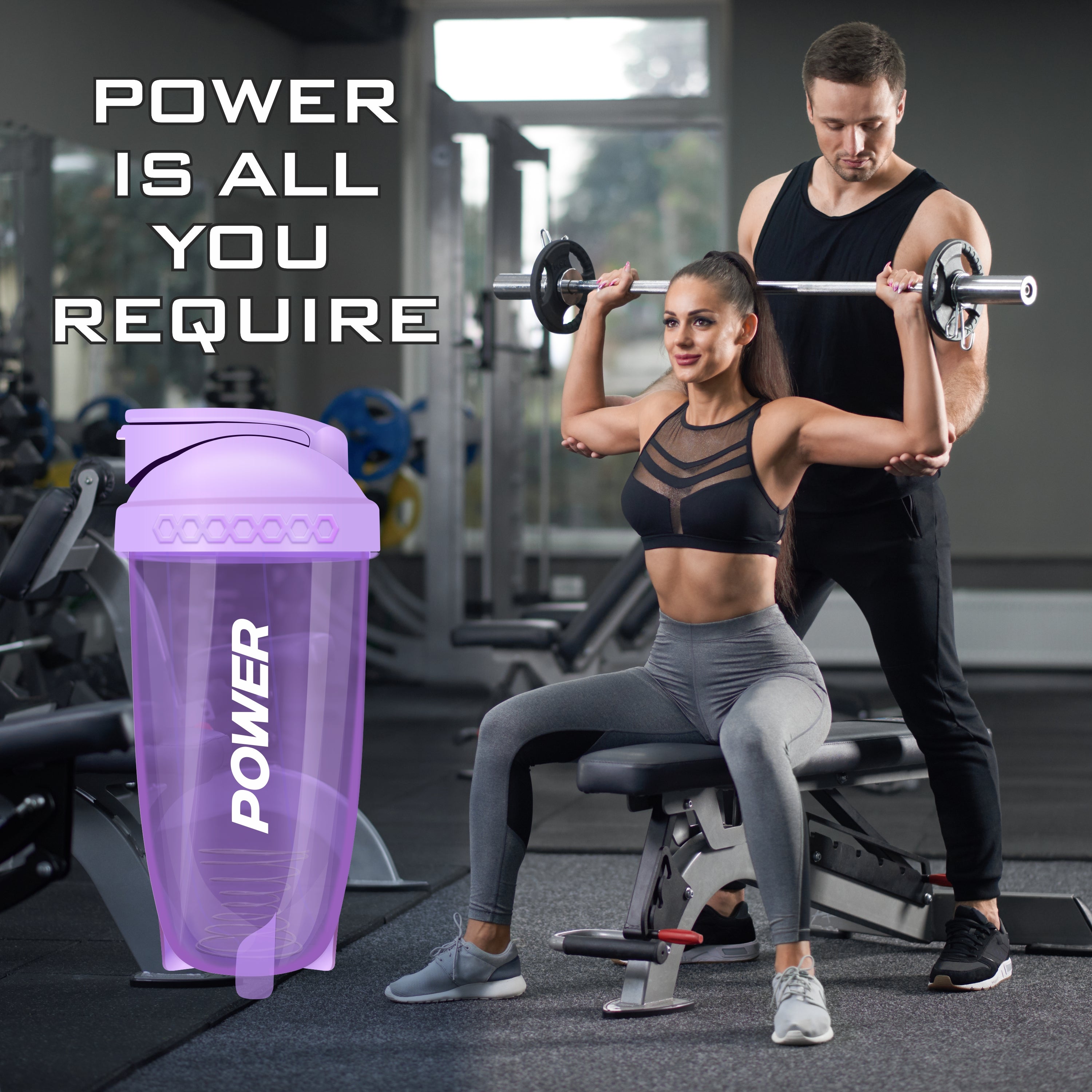 Woman lifting weights with trainer in gym alongside purple Acuna shaker bottle with "POWER" text, promoting strength.