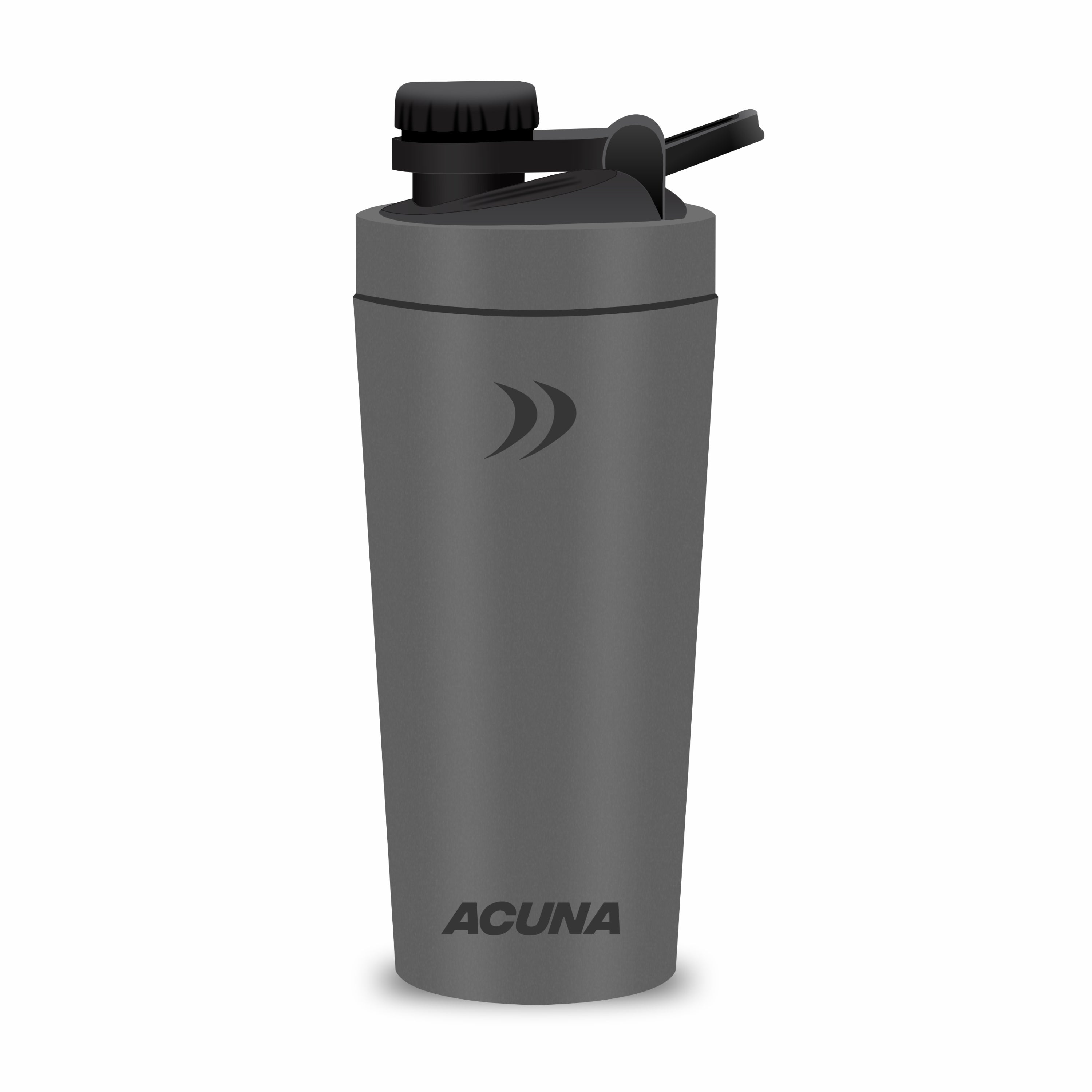 Grey Acuna Stainless Steel Shaker Bottle, showcases its sleek design and durable build for fitness enthusiasts.