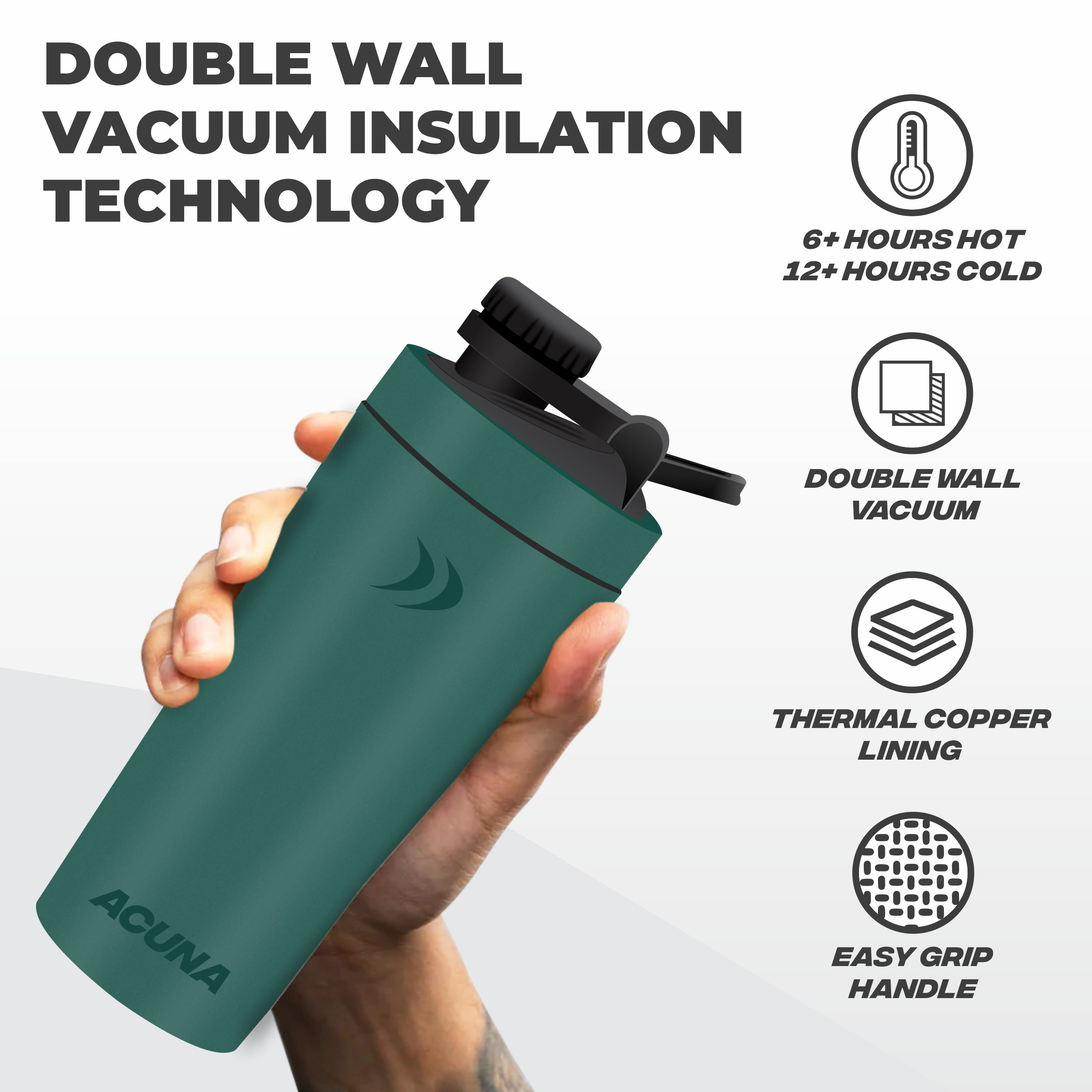 Double wall vacuum insulation technology is featured in Acuna Stainless Steel Shaker Bottles, enhancing temperature control and durability.
