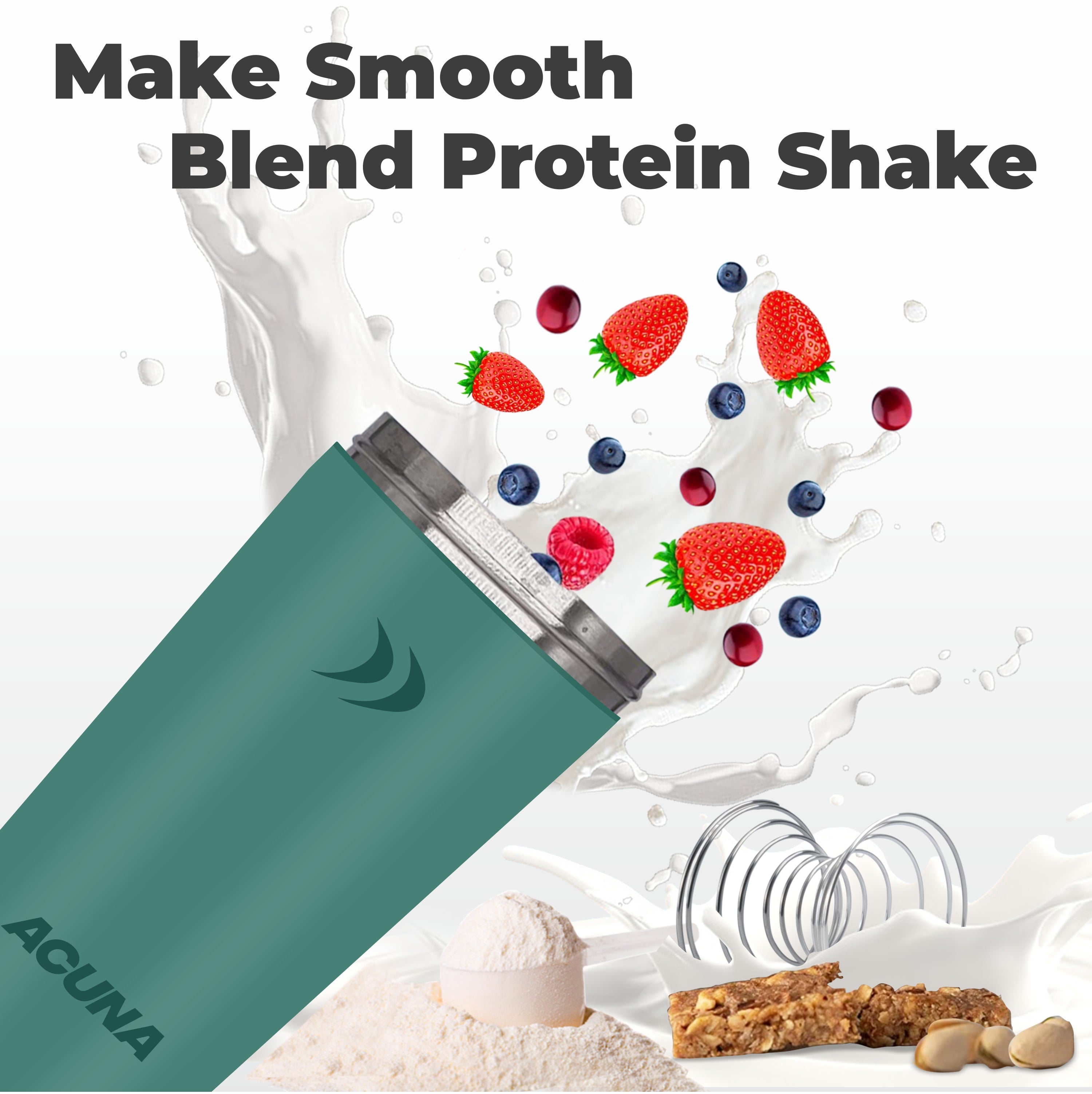 Acuna stainless steel shaker bottle with a smooth protein shake, showcasing durability and style for fitness enthusiasts.