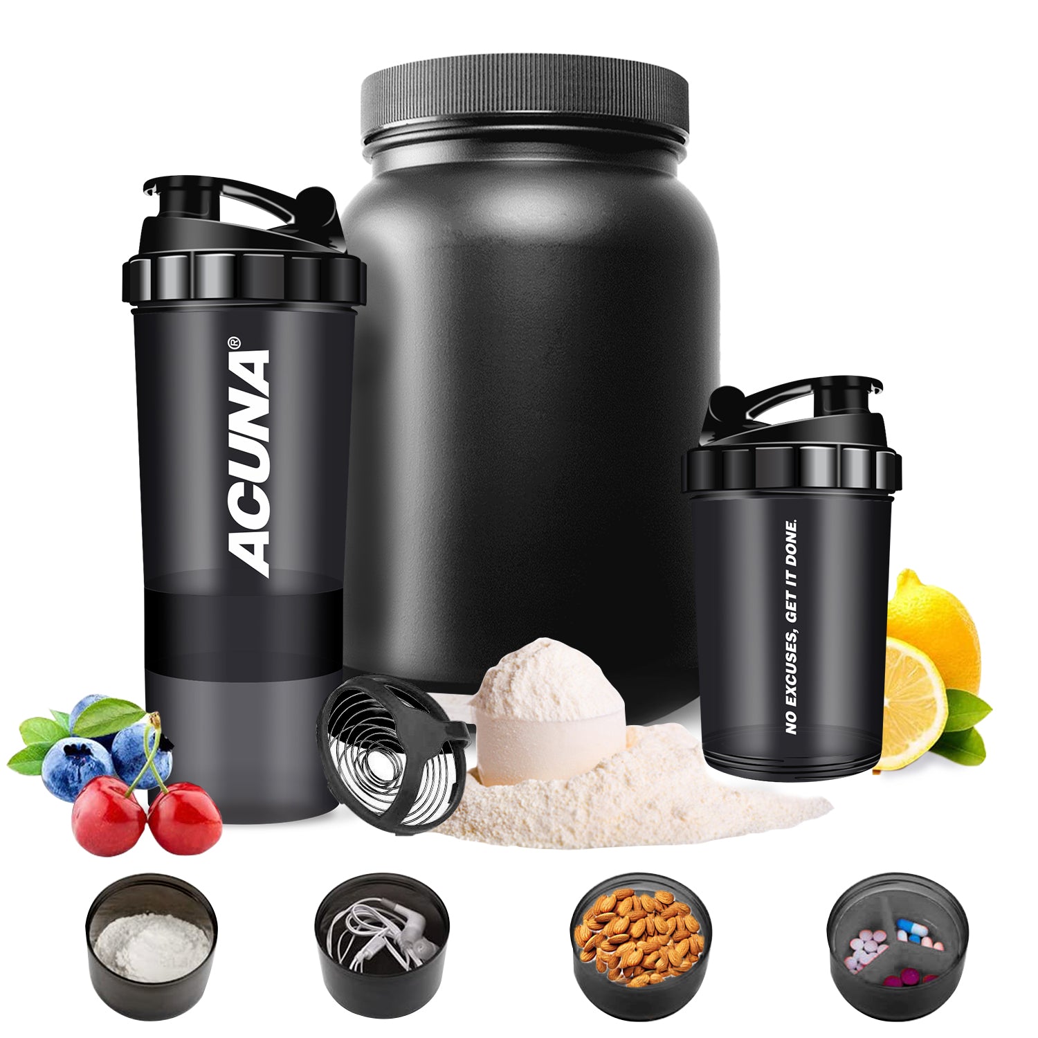 Acuna professional protein shaker with blender, featuring compartments for supplements and a secure, leak-proof design.