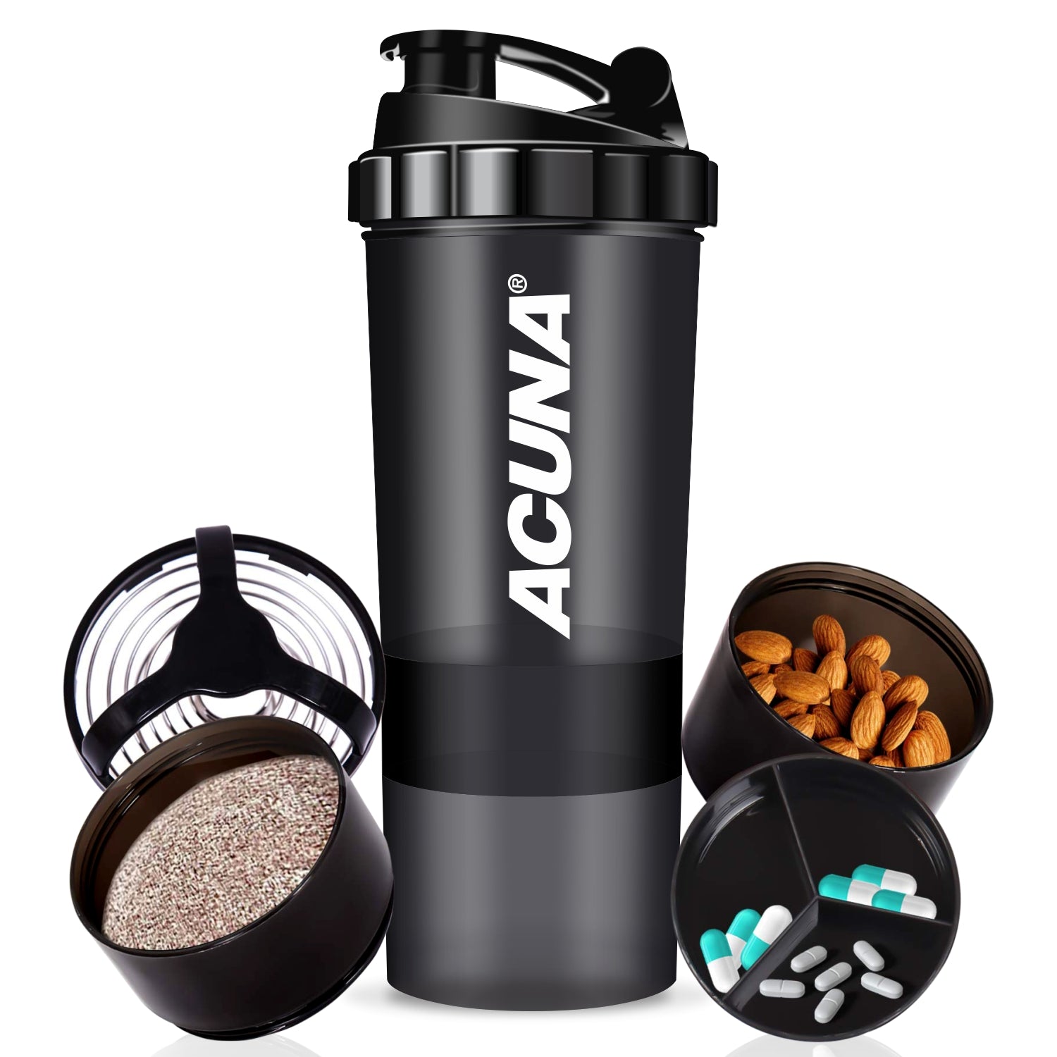 Acuna shaker bottle with pills and supplements, featuring a three-layer design for organized fitness hydration, and nutrition.