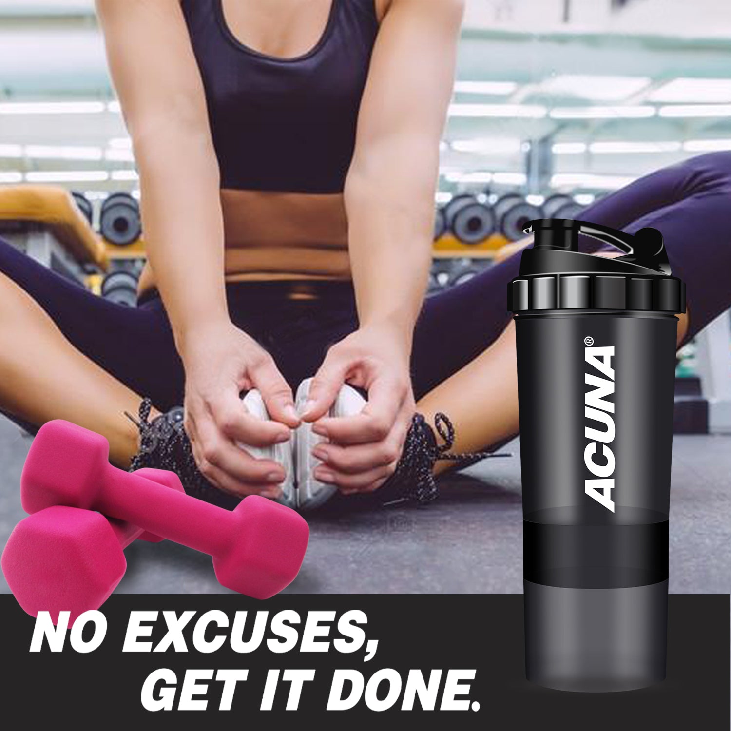 Acuna Compartment Shaker Bottle with three layers for convenient storage of supplements and protein powder, designed for fitness use.