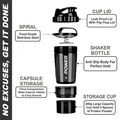 Power Compartment Shaker Bottle - 3 Layered (600ML)