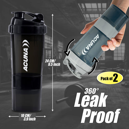 Acuna leak-proof shaker next to a shaker bottle, highlighting the Acuna "Power" Compartment Shaker's sleek design.