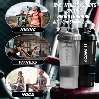 Durable Acuna "Power" Shaker Bottles in Black and Grey, featuring 3-layer storage for on-the-go hydration.