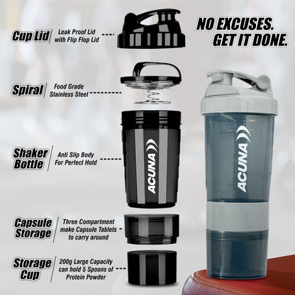 Acuna shaker bottle with leak-proof lid, stainless steel spiral, anti-slip body, capsule storage, and 200g powder cup.