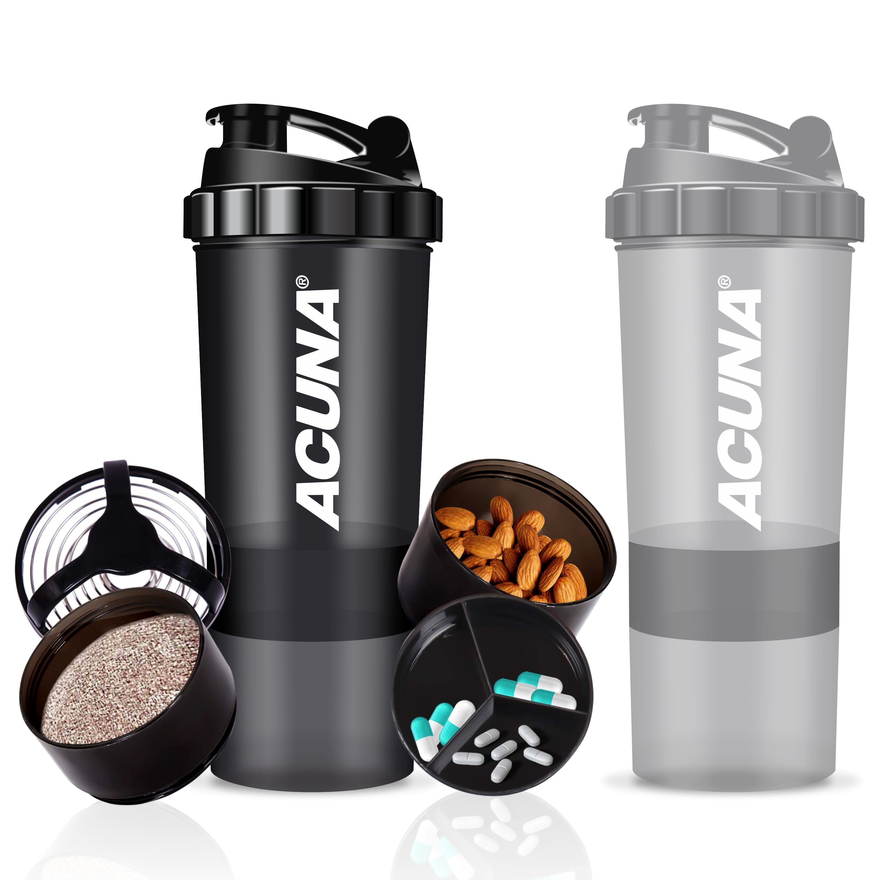 Two Acuna "Power" shaker bottles in Black and Grey, showcasing a 3-layer storage system for supplements and hydration.