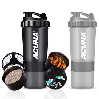 Two Acuna "Power" shaker bottles in Black and Grey, showcasing a 3-layer storage system for supplements and hydration.