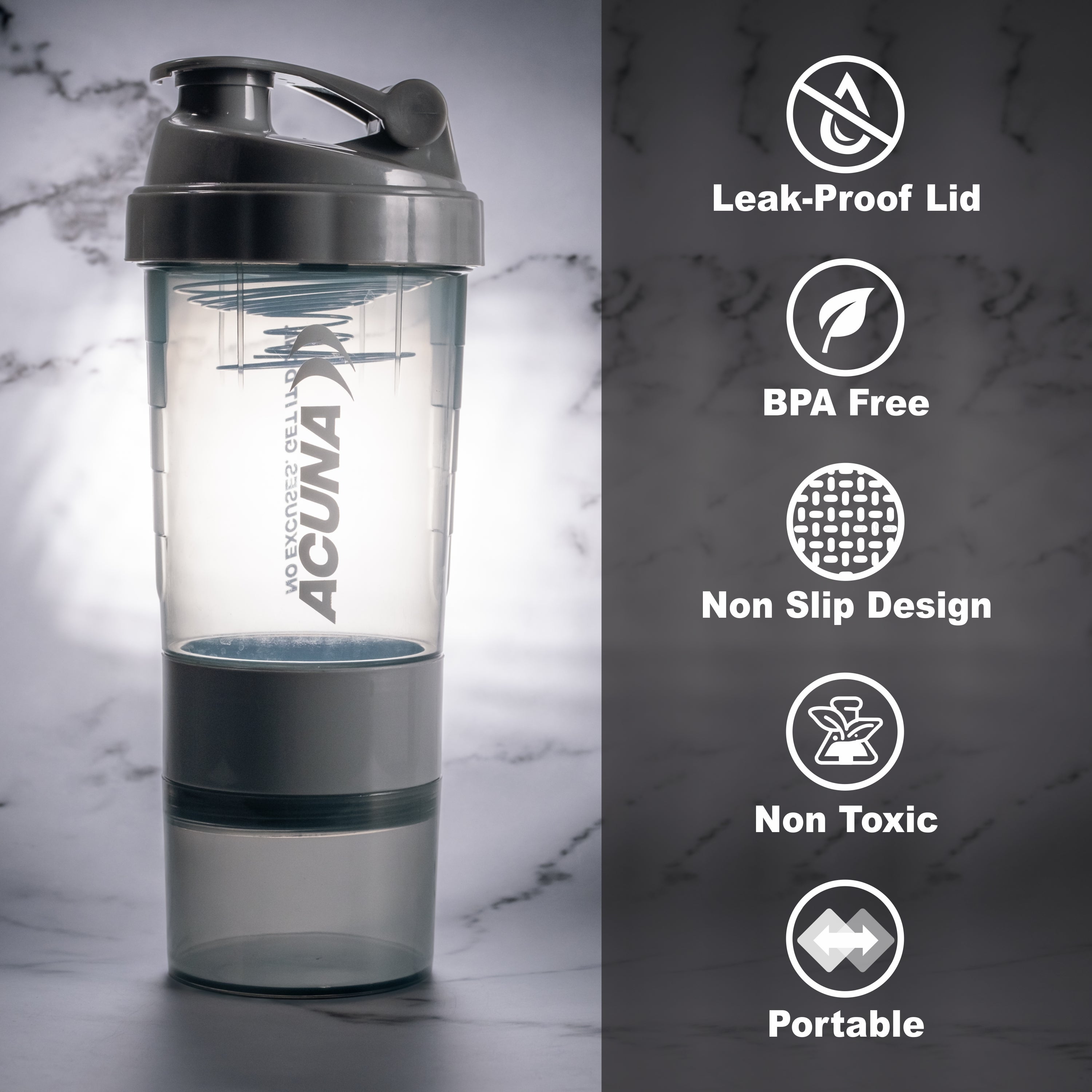 Acuna grey shaker bottle with leak-proof lid, BPA-free material, non-slip design, non-toxic build, and portable feature.