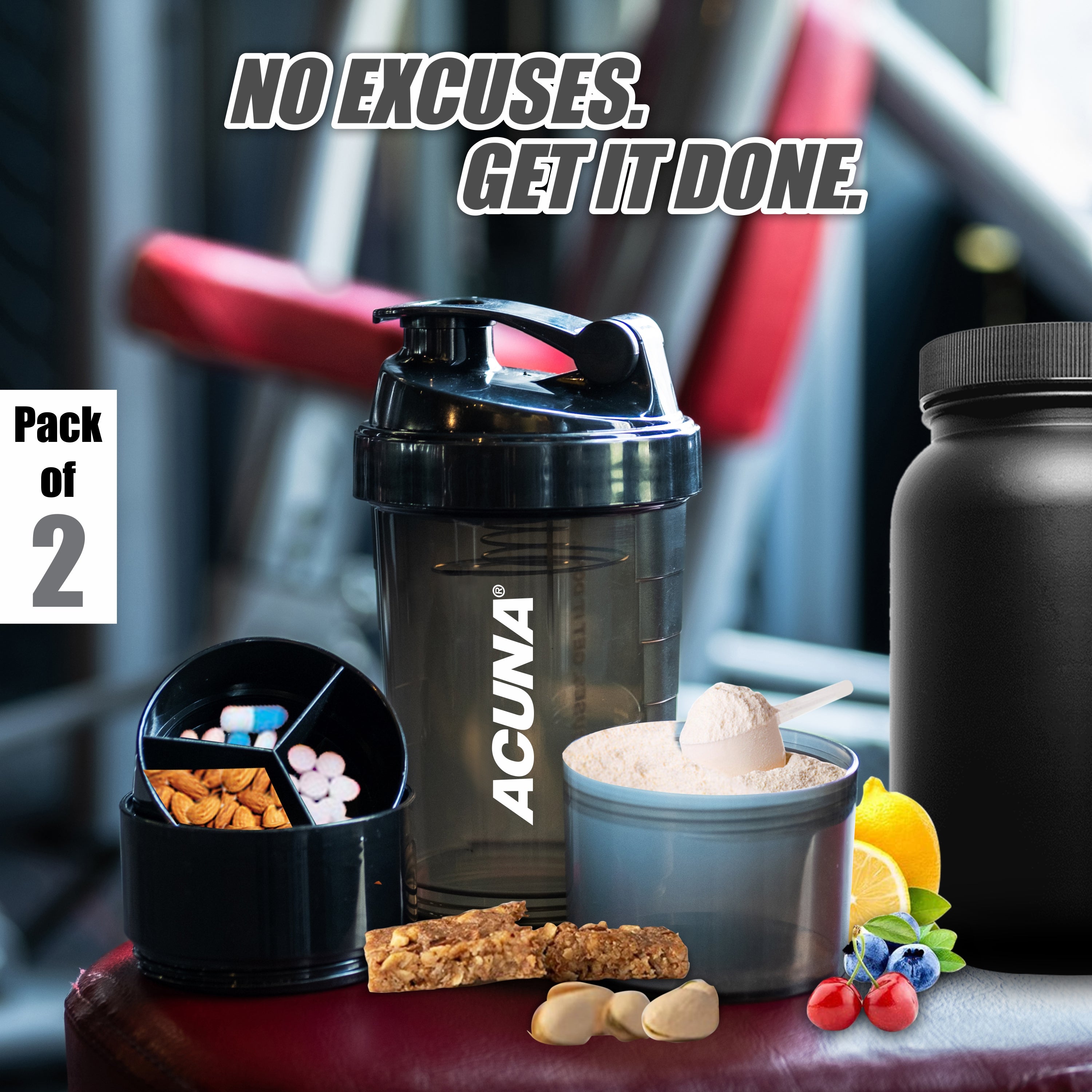 Protein shaker bottle and supplements with the text "No excuses. Get it done." set against gym equipment. Pack of 2.