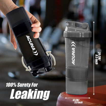 A person holds a shaker bottle labeled "100% sure for leaking," showcasing the durable and stylish Acuna "Power" design.