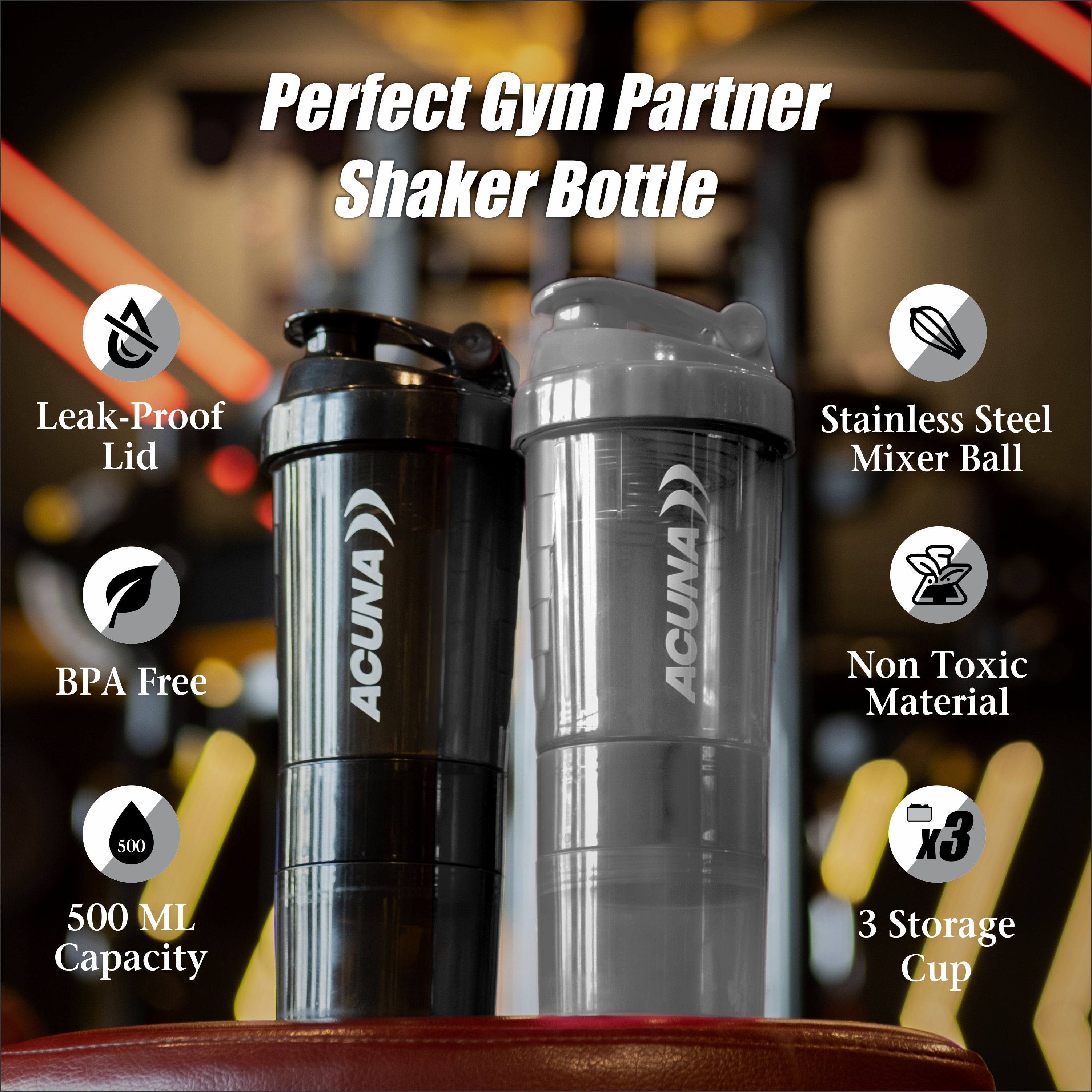 Acuna "Power" shaker bottle with bold design, 3-layer storage, and leak-proof lid, perfect for fitness enthusiasts everywhere.