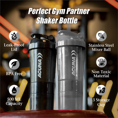 Acuna "Power" shaker bottle with bold design, 3-layer storage, and leak-proof lid, perfect for fitness enthusiasts everywhere.